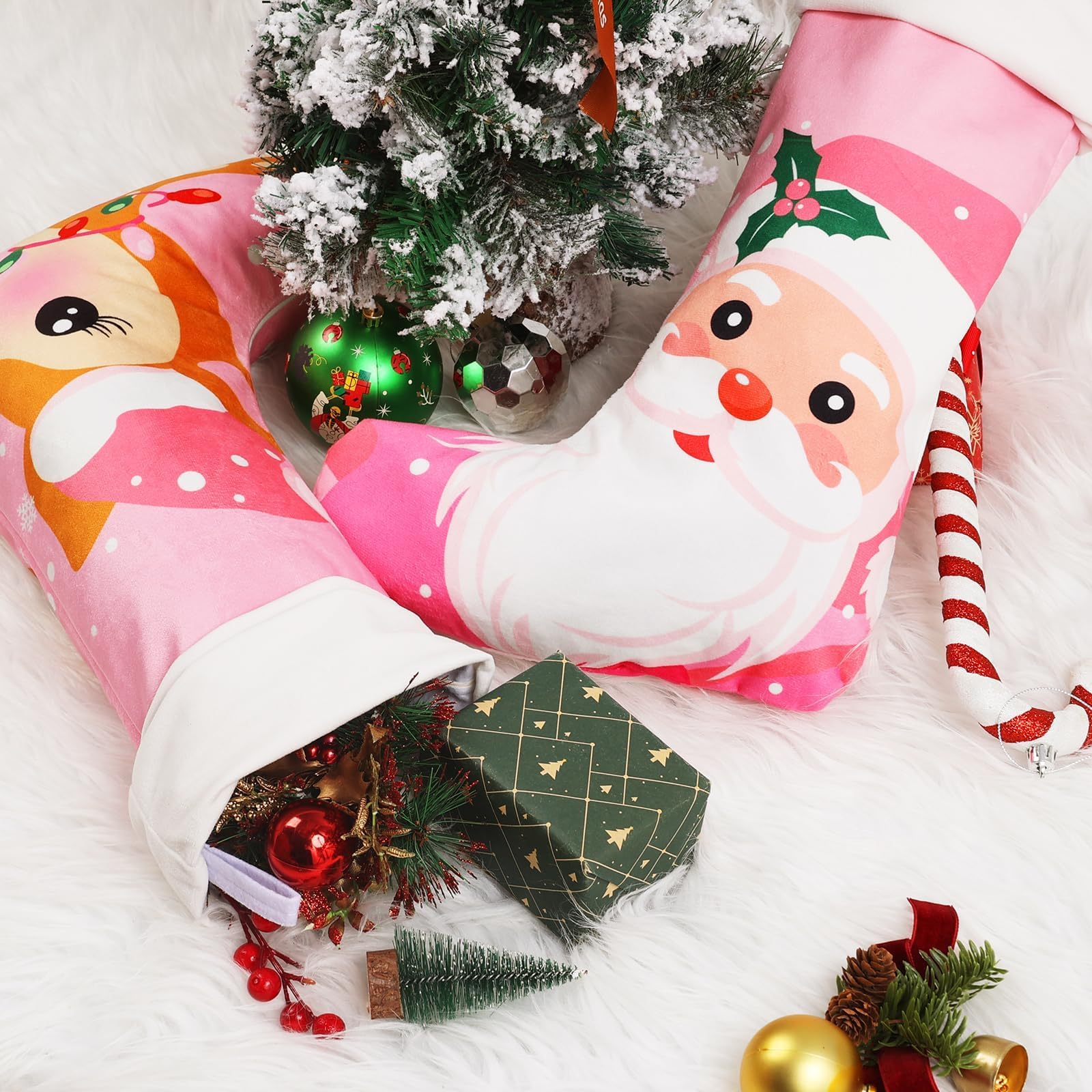 2 Pack Pink Christmas Stockings - Santa Reindeer Holiday Decor for Tree Hanging, Family Winter Decorations | Perfect for Fireplace Mantel, Gift Exchange & Festive Home Decor