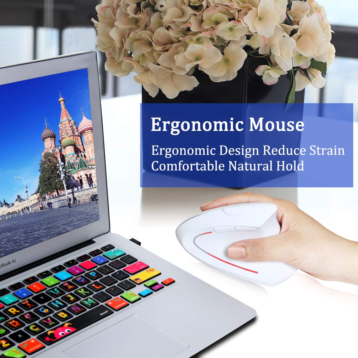 Wireless Ergonomic Mouse 2.4G Rechargeable Vertical Mouse with USB Receiver, 800/1200/1600 DPI, 5 Buttons for Laptop, PC, MacBook - White | Comfortable for Office Work, Gaming & Long Computer Use