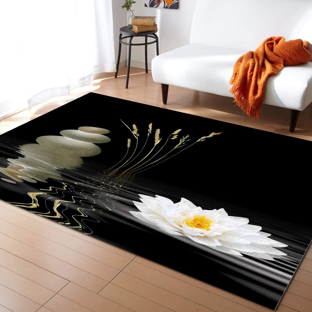 Zen Stone Lotus Decorative Rug with Water Ripple Design - 5x6ft Fluffy Washable Indoor/Outdoor Area Rug for Living Room, Bedroom, Study, Dining Room, Corridor & Terrace - Breathable Non-Slip Floor Mat Perfect for Yoga, Meditation & Home Decor