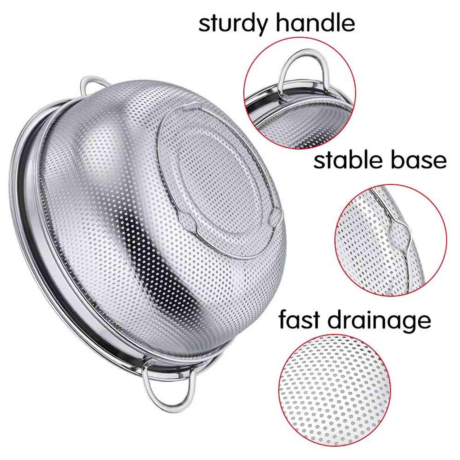 TeamFar 3qt Stainless Steel Colander Strainer with Solid Handle & Elevation Base - Micro-Perforated Design, Dishwasher Safe - Perfect for Pasta, Vegetables & Fruit Washing in Kitchens & Restaurants