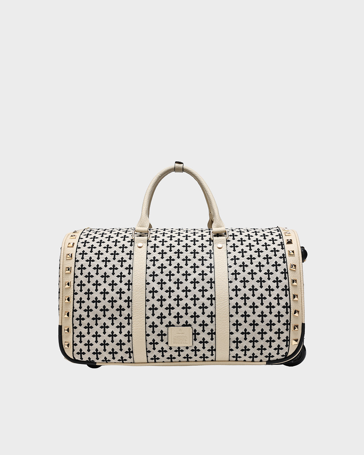 **Cream White Cross Spiked Rolling Duffle Bag - Stylish Travel Luggage for Gym, Weekend Trips & Airplane Carry-On**