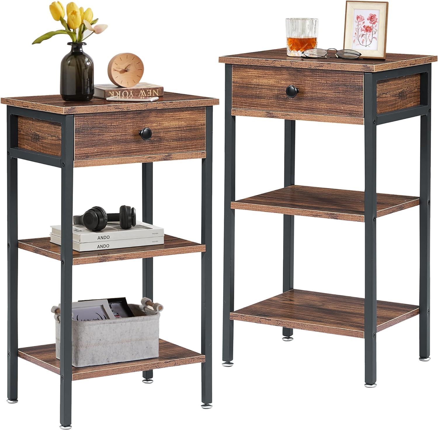 VECELO 2-Piece Tall End Table with Adjustable Shelf & Drawer - Nightstand for Small Spaces, Living Room & Bedroom Furniture - Brown Wood Side Table (Perfect for Studio Apartments, Dorm Rooms & Cozy Bedside Storage)