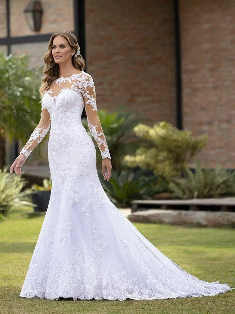 Elegant Lace Applique Long Sleeve Beach Wedding Dress for Bride 2023 | Simple Formal Prom Gown | Perfect for Beach Ceremonies, Bridal Showers & Formal Events