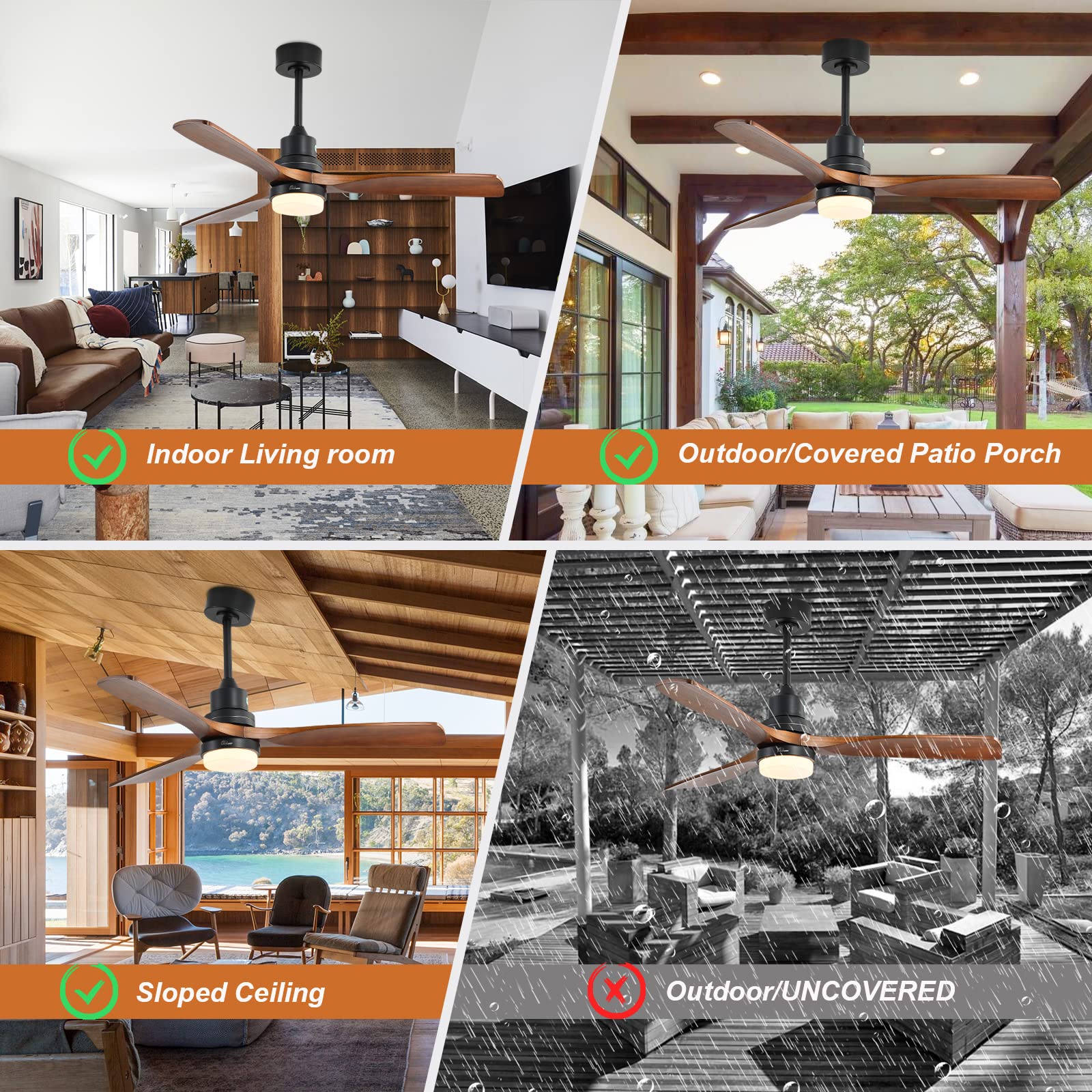 Sofucor 52 Inch Indoor Outdoor Ceiling Fan with Light Kit and Remote Control - 3 Speed Reversible Quiet DC Motor, 3 Walnut Wood Blades - Perfect for Bedroom, Living Room, Patio and Covered Porch