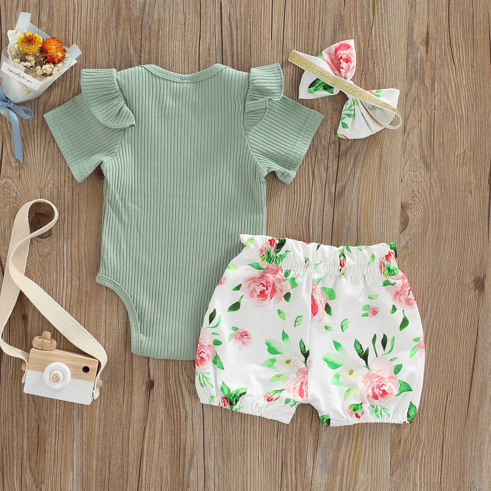 Adorable Baby Girl Summer Outfits - Ruffle Sleeve Ribbed Romper & Shorts Set | Cute Toddler Clothes for Playdates, Beach & Outdoor Activities
