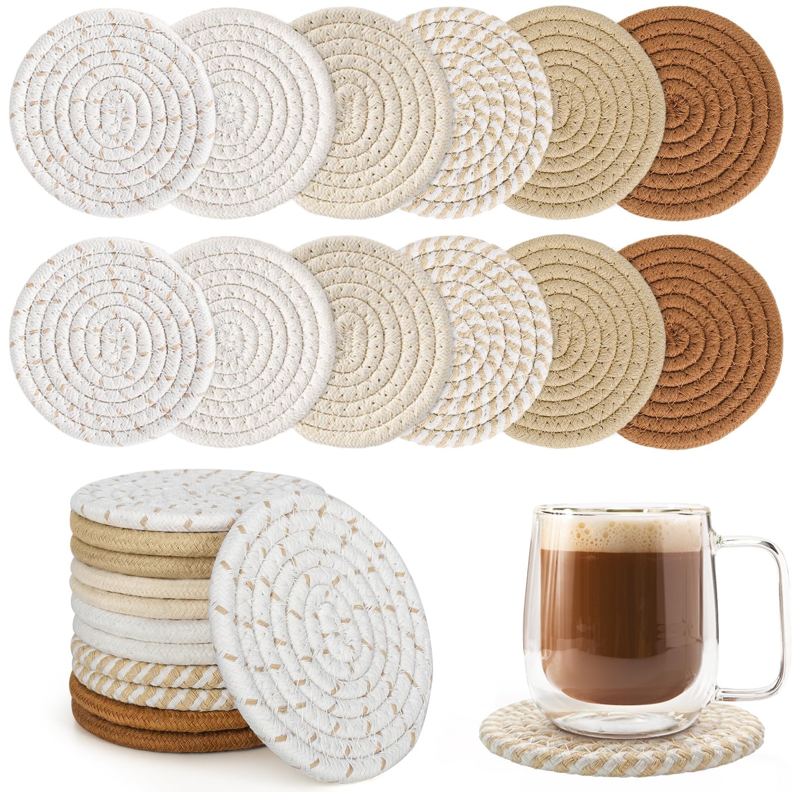 12 Pcs Boho Drink Coasters - Minimalist Cotton Handmade Woven Absorbent Coasters, Heat Resistant for Coffee, Tea & Beverages | Perfect for Kitchen, Dining Table, Home Decor & Housewarming Gifts