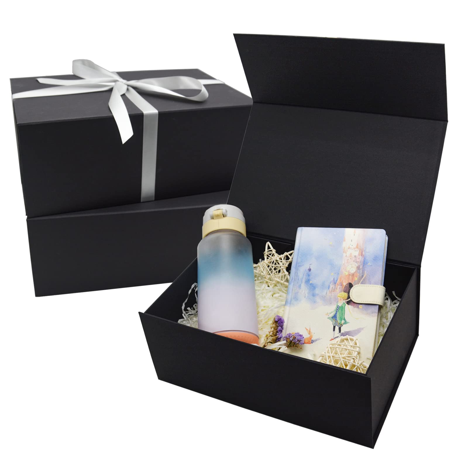 AuroWish 3 Pack Large Gift Boxes for Presents - 12.5 x 8.5 x 4.75 Inches Black Magnetic Lid Collapsible Gift Box with Ribbons - Perfect for Christmas, Bridesmaid Proposals, Weddings, Birthdays & Special Occasions