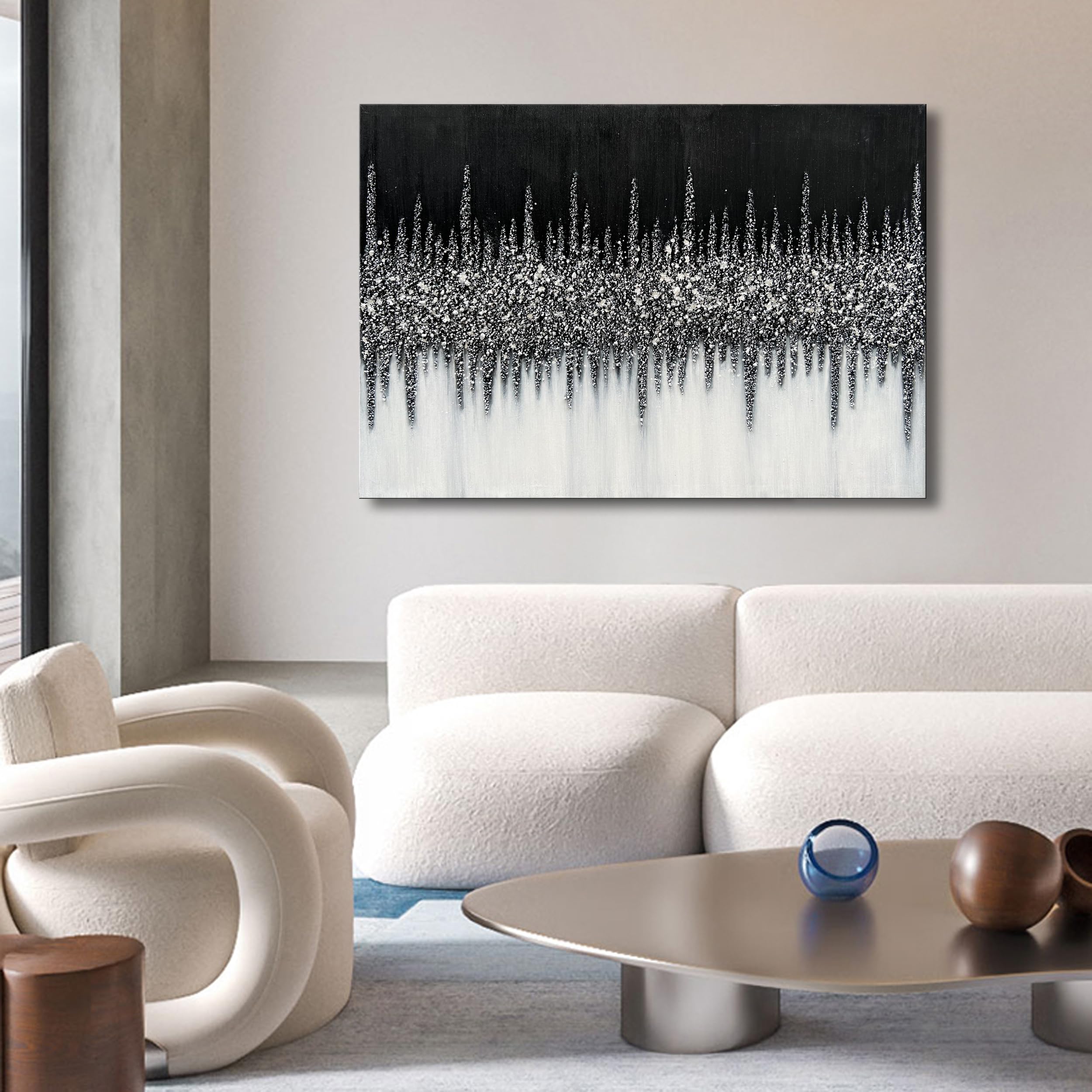 28x40 Inch Hand-Painted Black and Gray Abstract Oil Painting on Canvas - Modern Textured Wall Art for Living Room, Bedroom & Office Decor