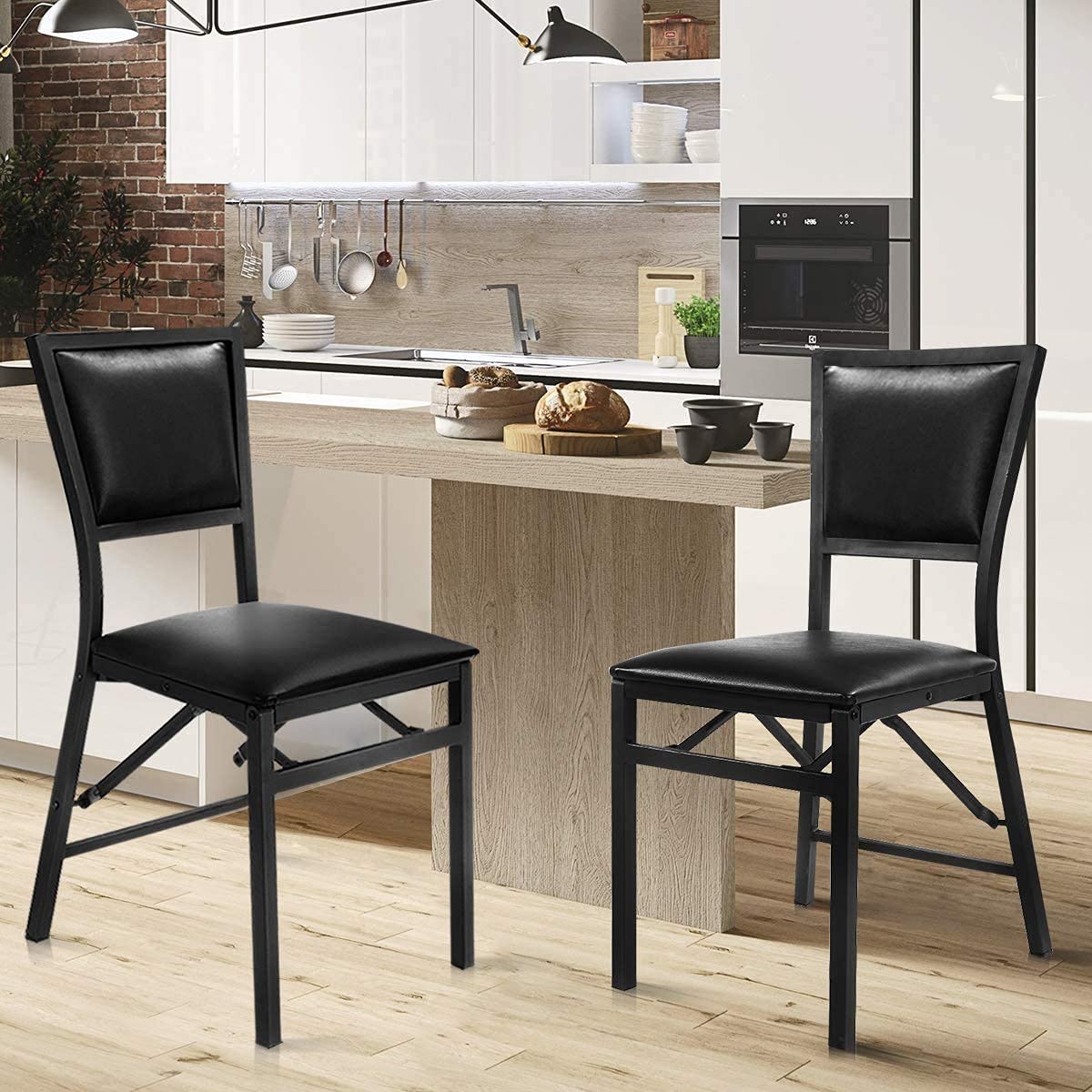 LDAILY Set of 2 Folding Chairs with Cushions - Metal Frame Mocha Kitchen Dining Chairs with Padded Seat & Backrest - Perfect for Home, Office, Restaurant, Outdoor, Camping, Picnic & Patio Use - Black