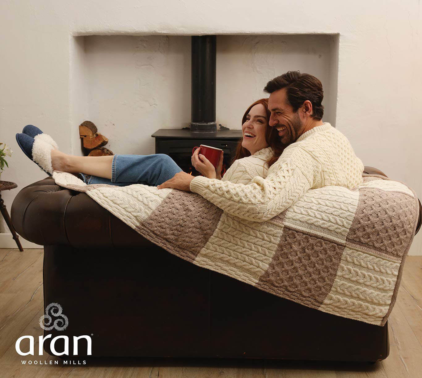 Premium Patchwork Intarsia Merino Wool Irish Blanket - Wicker/White - One Size - Cozy Home Decor & Luxury Throw for Sofa, Bed & Travel