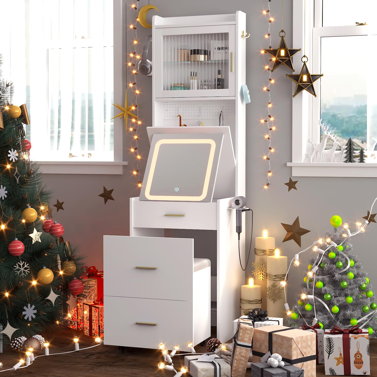 VINGLI 3-in-1 Small Vanity Desk with LED Lighted Mirror, Storage Drawer & Wheeled Stool - Compact Makeup Vanity Set with Adjustable Lighting, DIY Pegboard & Power Outlet for Bedroom, Dorm, Home Beauty Station (White) | Perfect for Daily Makeup Routine & Skincare Organization