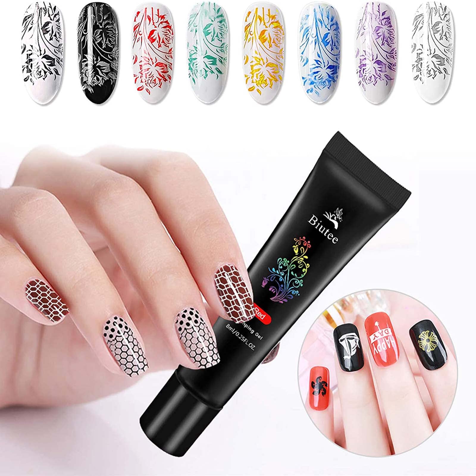 Biutee Professional Nail Stamp Kit - 8 Colors Gel Stamping Polish, 5 Nail Stamp Plates, Stamper & Scraper - Salon Quality Manicure Tools for DIY Nail Art at Home or Professional Use