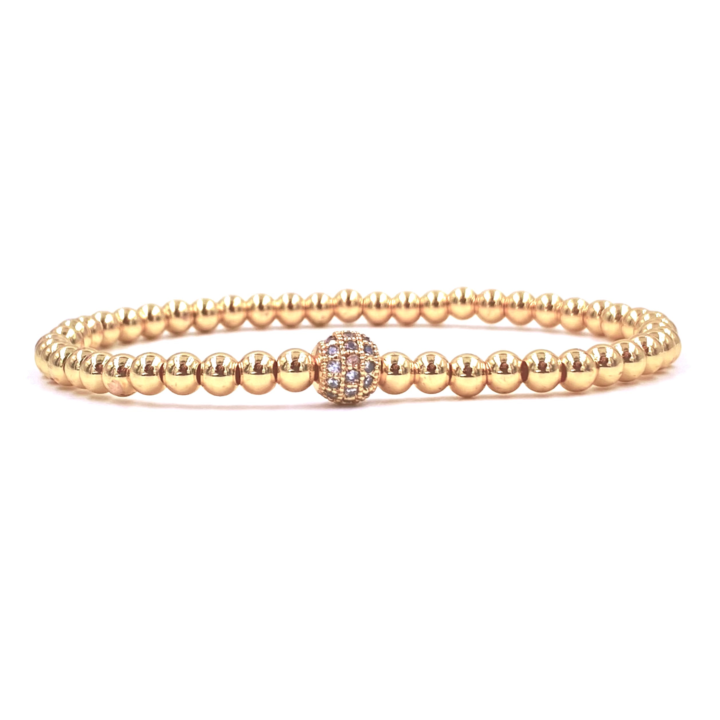 Ashley Gold Stainless Steel Gold Plated Single CZ Ball Stretch Beaded Bracelet for Women - Elegant Jewelry Gift for Birthday, Anniversary & Special Occasions