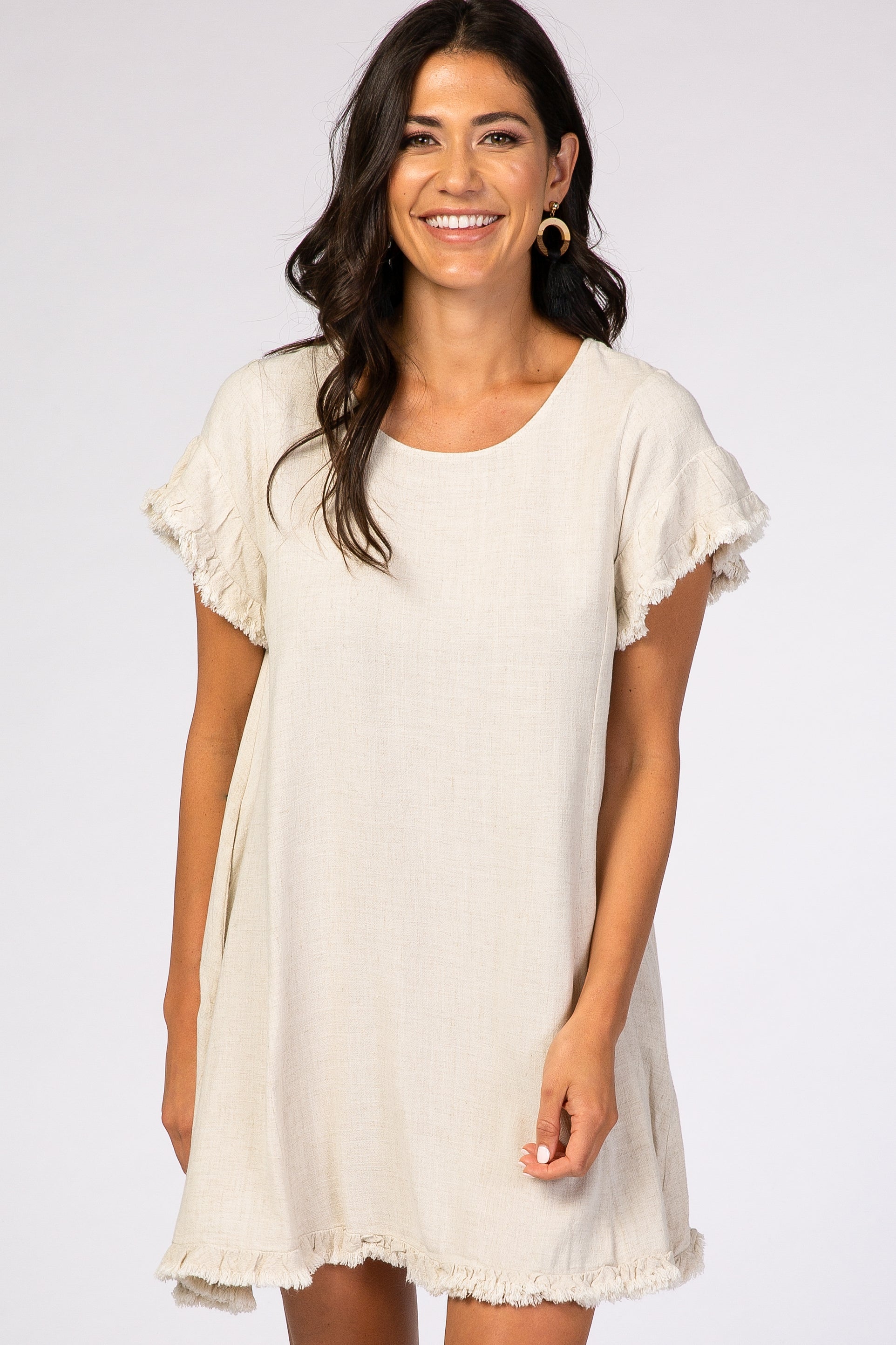 Beige Fringe Linen Dress for Women - Boho Summer Maxi Dress with Side Slits | Perfect for Beach Vacation, Music Festival & Casual Outings