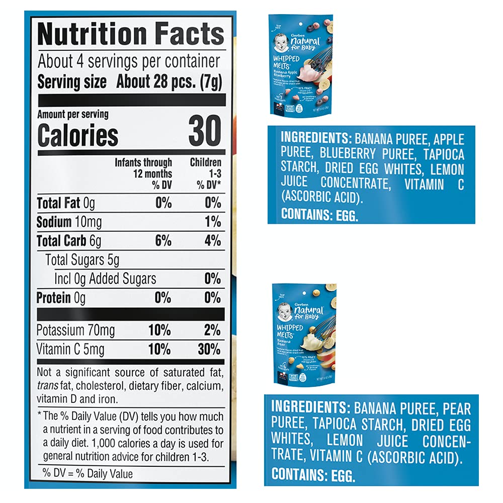 Gerber Natural Whipped Melts Baby Snacks - Banana Blueberry Flavor, 0.85 oz Bags (7 Pack) | Healthy Toddler Finger Food for On-the-Go, Travel & Snack Time