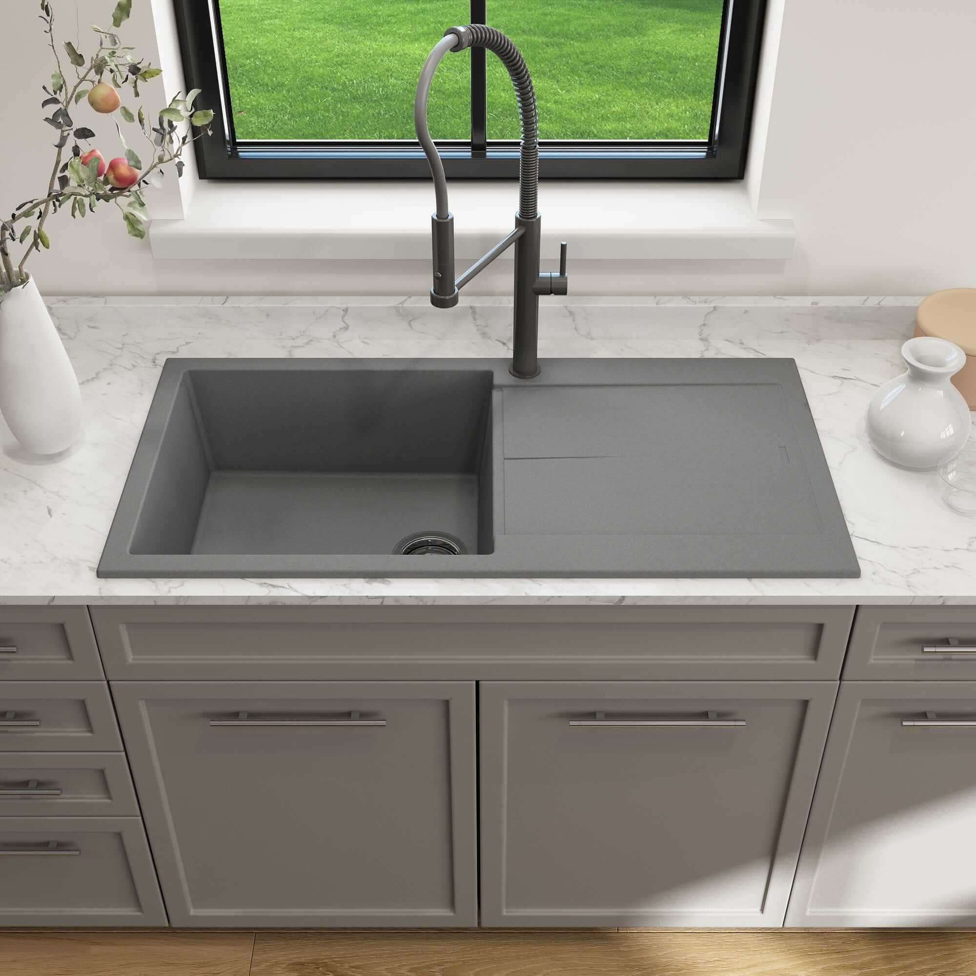 BOCCHI LEVANZO 20-Inch Dual Mount Single Bowl Granite Composite Kitchen Sink with Drain Board - Perfect for Modern Kitchens, Easy Food Prep & Dishwashing