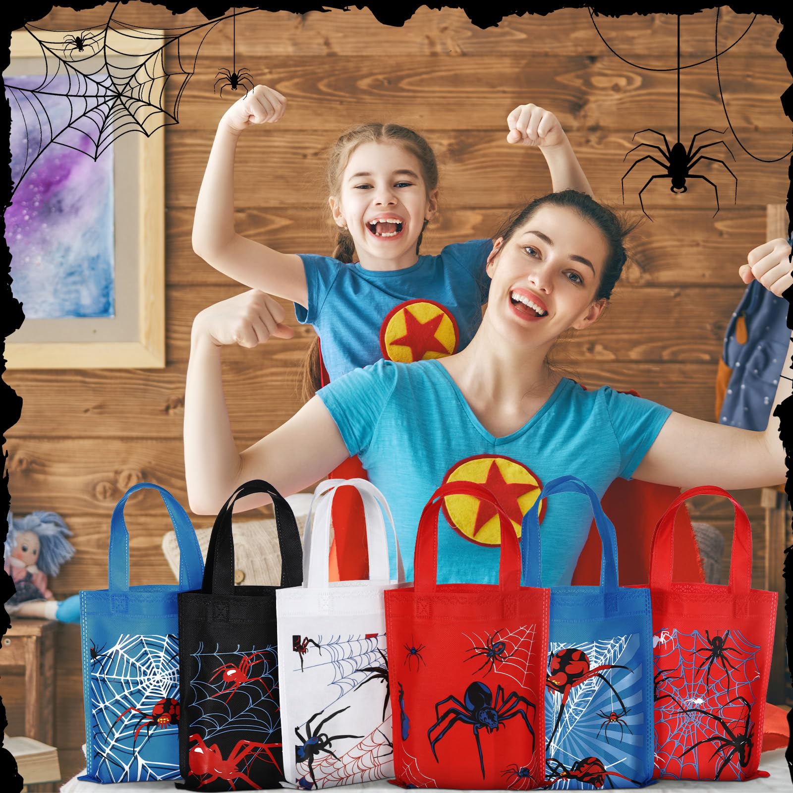 24 Pack Spider Web Themed Party Favor Bags - Reusable Non-Woven Halloween Treat Bags with Handles - 6 Styles for Birthday, Halloween & Themed Parties - Perfect for Kids' Party Favors, Trick or Treat & Spooky Decorations