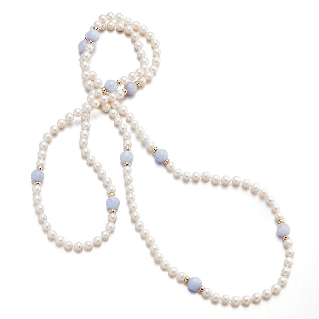 Elegant Pearl & Blue Lace Agate Rope Necklace for Women - Handmade Boho Chic Jewelry - Perfect for Weddings, Parties & Everyday Wear