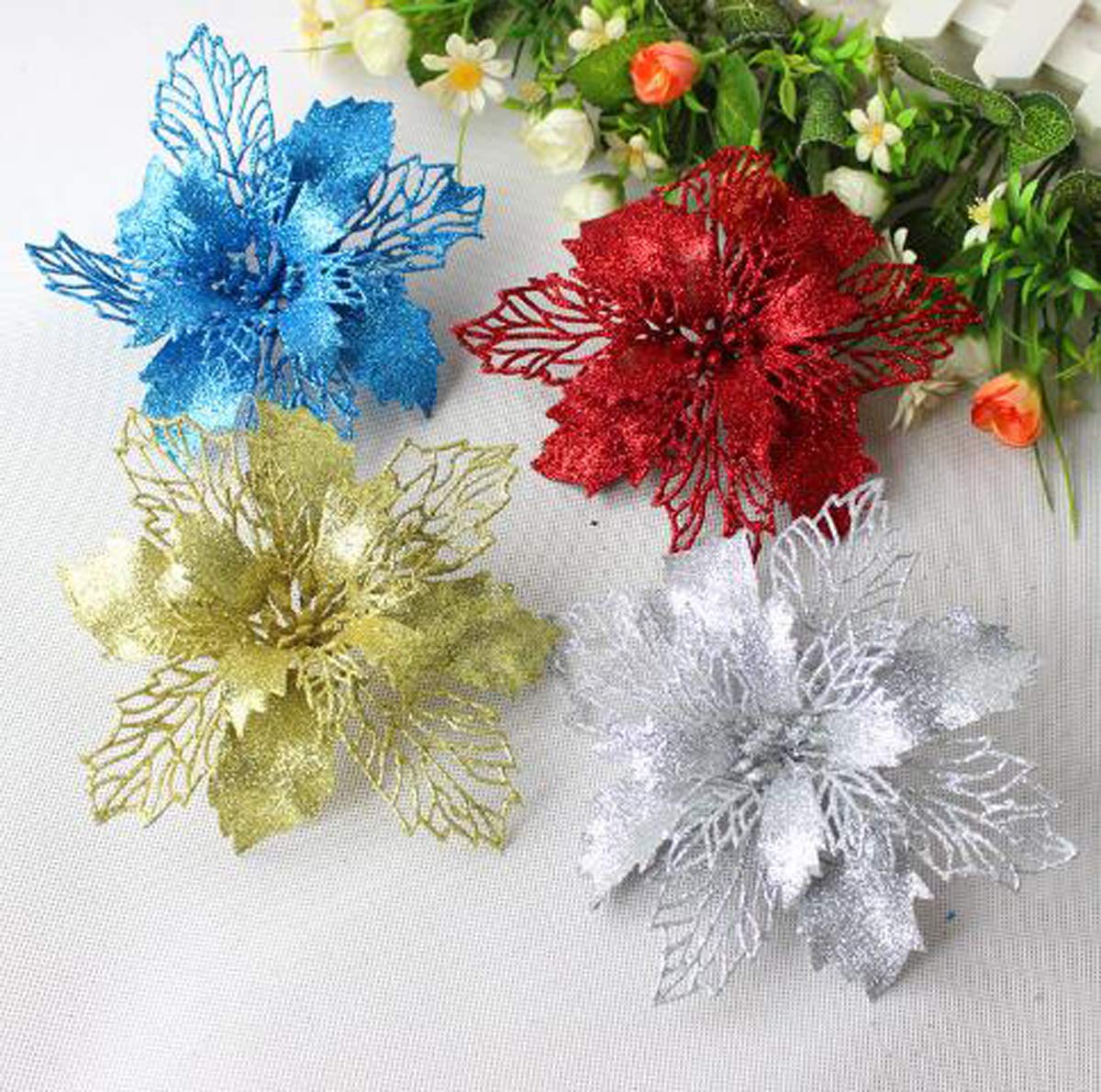 10 Pcs Rose Gold Glitter Poinsettia Flowers - Artificial Christmas Tree Ornaments for Holiday Wedding Decorations | Perfect for Xmas Tree, Wreaths, Table Centerpieces & Festive Home Decor