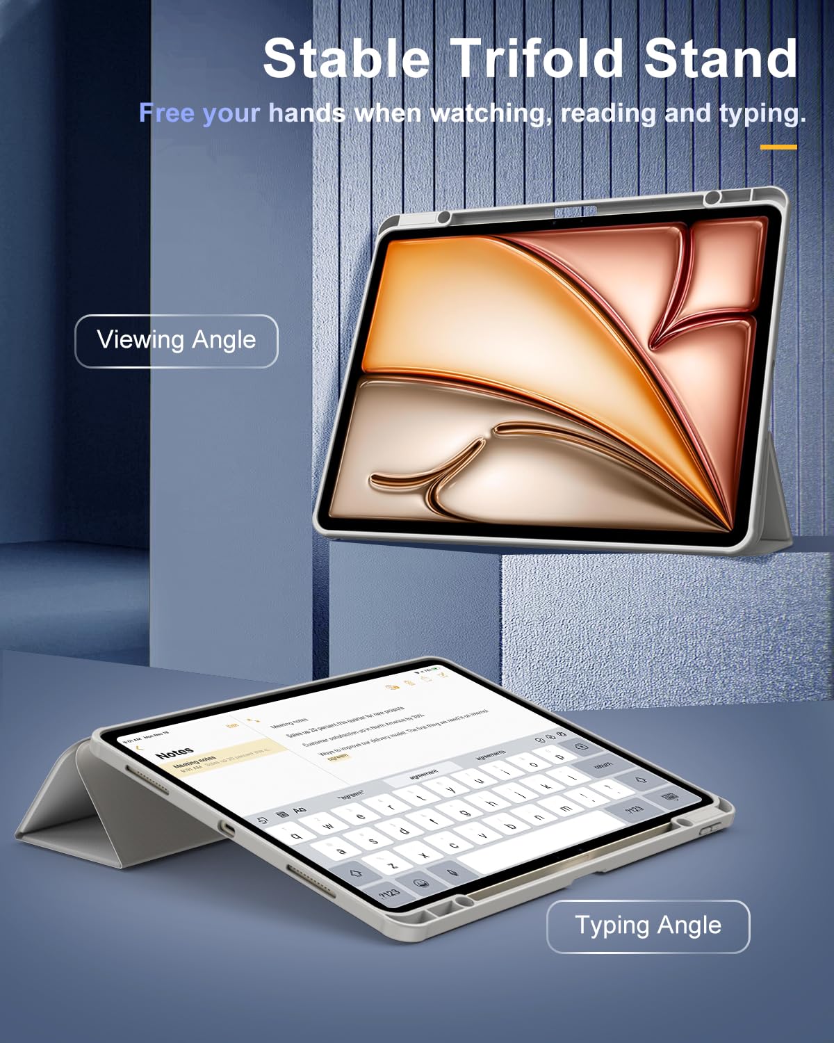 TiMOVO Slim Stand Protective Case for iPad Air 13 inch (M3/M2 2024/2025 Model) - Clear Transparent Back Cover with Pencil Holder & Auto Wake/Sleep - Light Gray | Perfect for Work, Study & Travel Protection