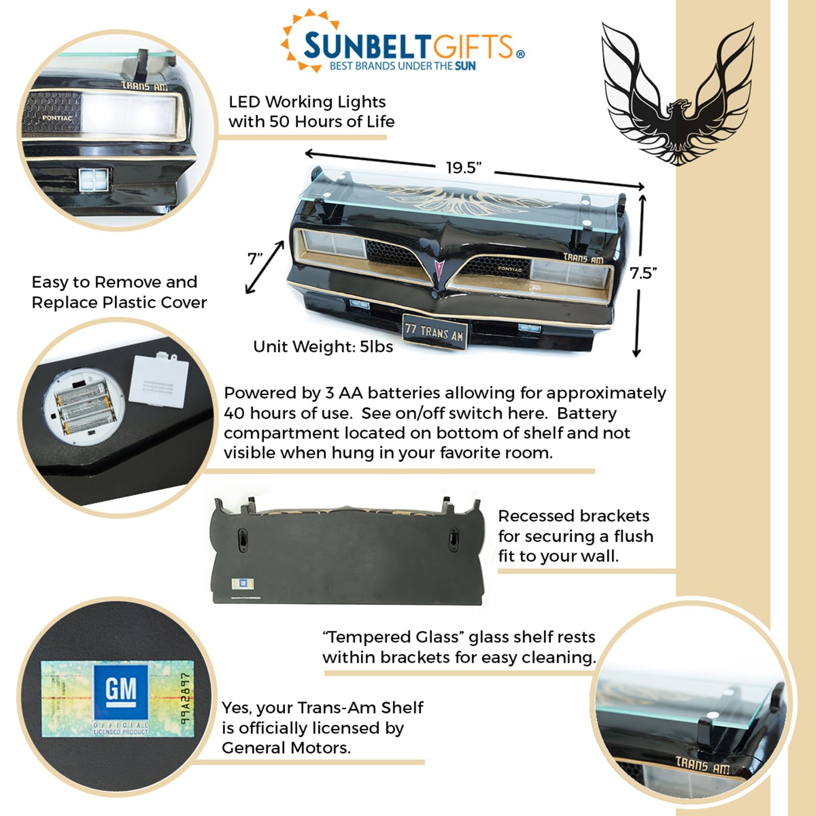 Sunbeltgifts 1977 SE Pontiac Trans AM Wall Floating Shelf - Black & Gold Tempered Glass Display with Battery-Powered LED Headlights (19x7.1x7.2 Inches) - Perfect Classic Car Decor for Pontiac Collectors & Auto Enthusiasts - Ideal for Man Cave, Garage, or Office Display