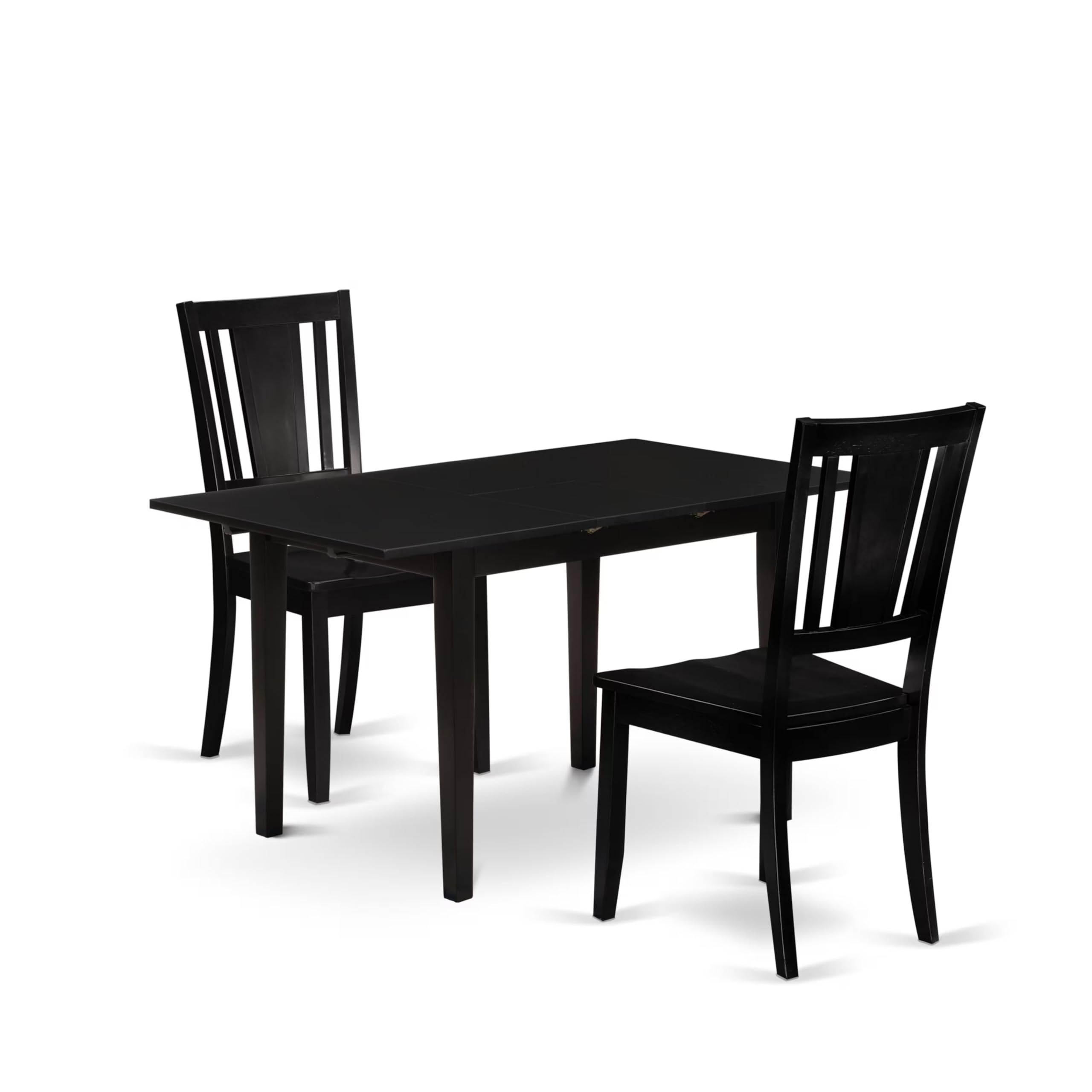 East West Furniture NODU3-BLK-W 3-Piece Black Dining Room Table Set with Butterfly Leaf Extension - 32x54 Inch Rectangle Kitchen Table & 2 Matching Chairs | Perfect for Small Spaces, Breakfast Nooks & Compact Apartments