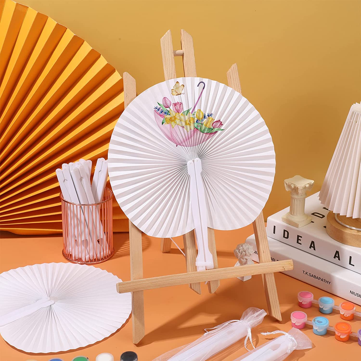 ZWIN 48 Pack White Blank Paper Fans with Plastic Handle - Bulk Wedding Party Favor, Guest Celebration Decoration, DIY Craft Fan for Bridal Shower, Birthday, Baby Shower & Summer Events