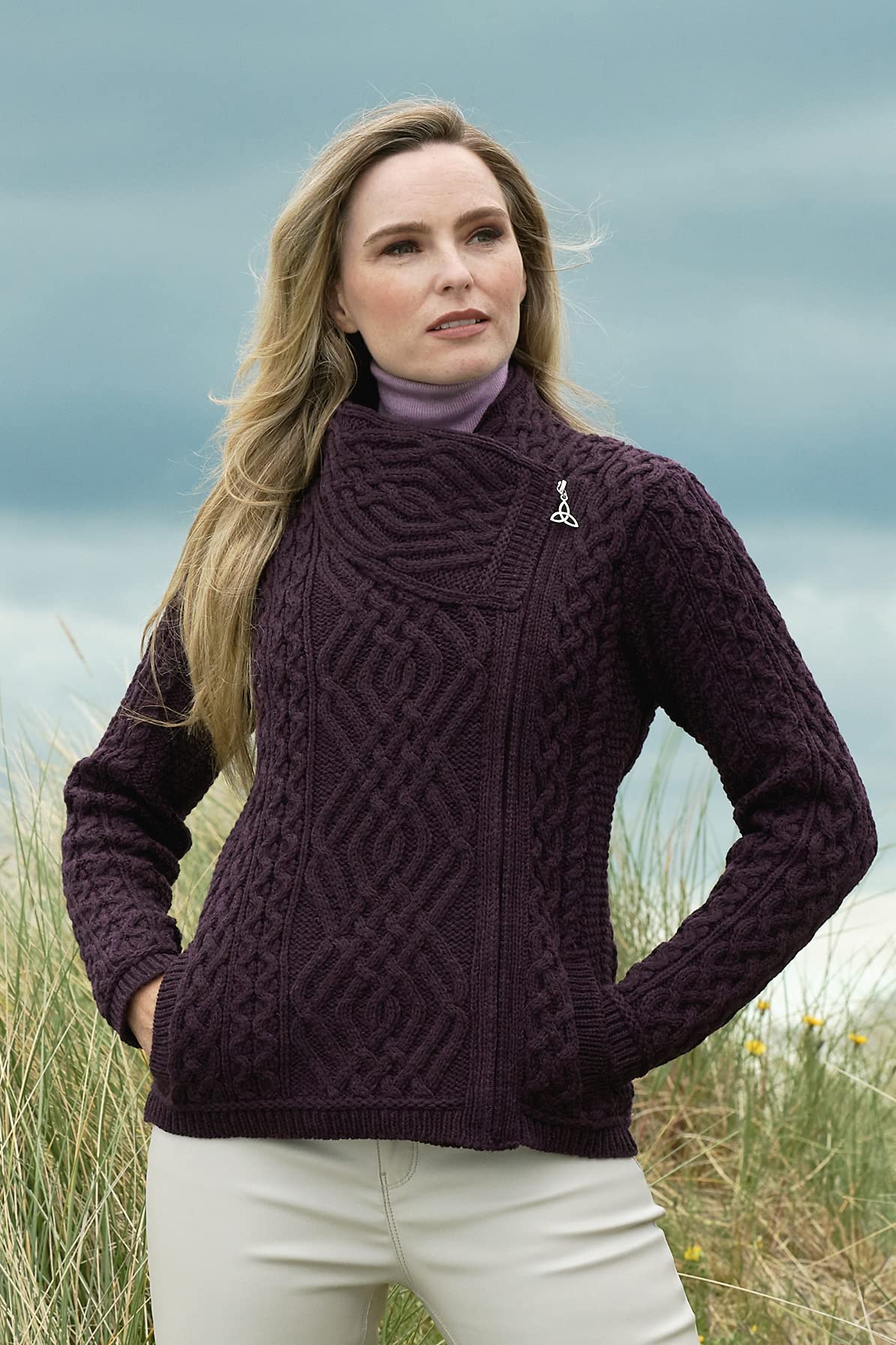 Aran Crafts Women's Irish Cable Knit Wool Cardigan with Side Zip - 100% Merino Wool - Warm Winter Sweater for Casual Outfits & Cozy Home Wear