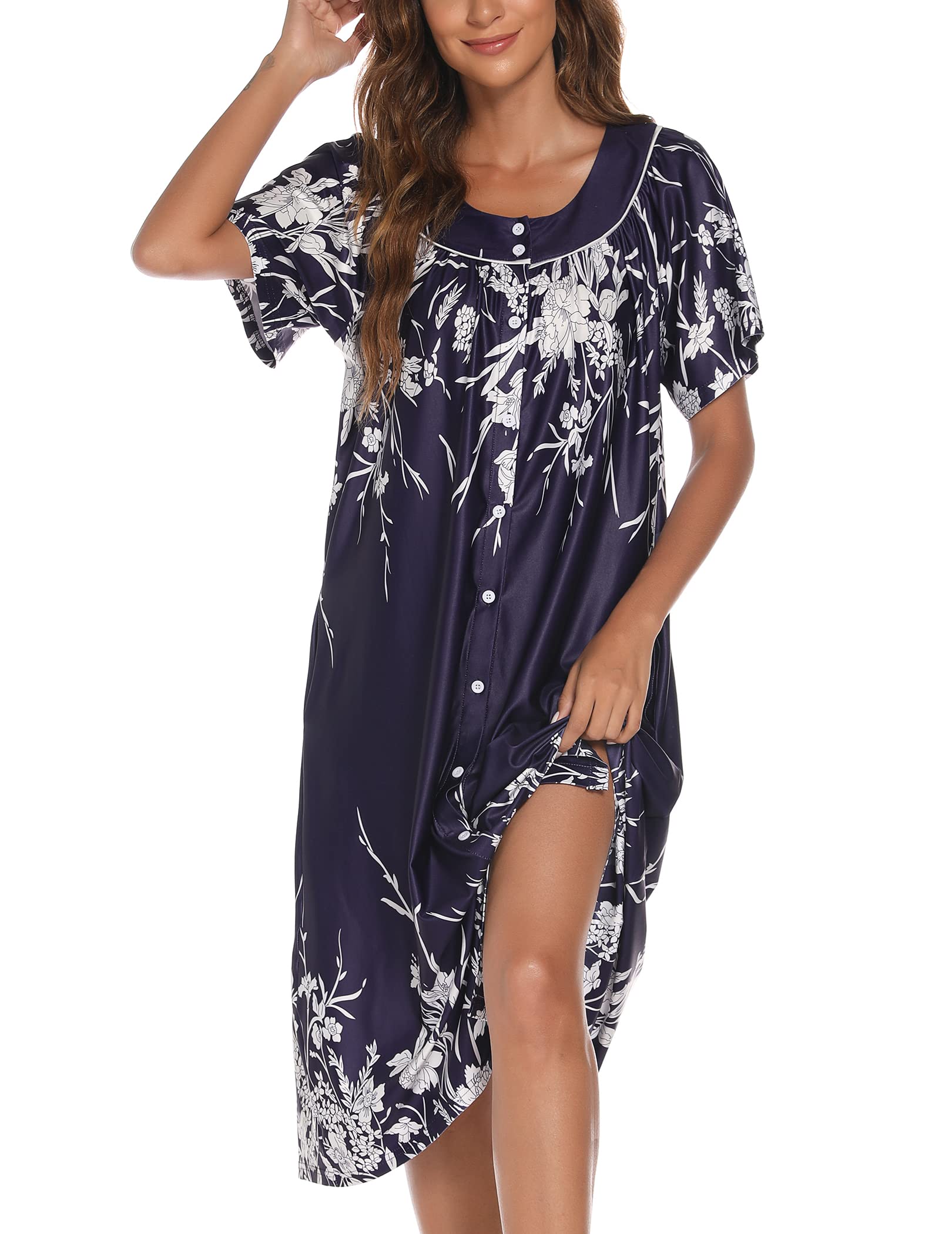 YOZLY Women's Short Sleeve House Dress - Comfortable Mumu Duster Robe with Pockets | Perfect for Lounging at Home, Maternity Wear & Postpartum Comfort