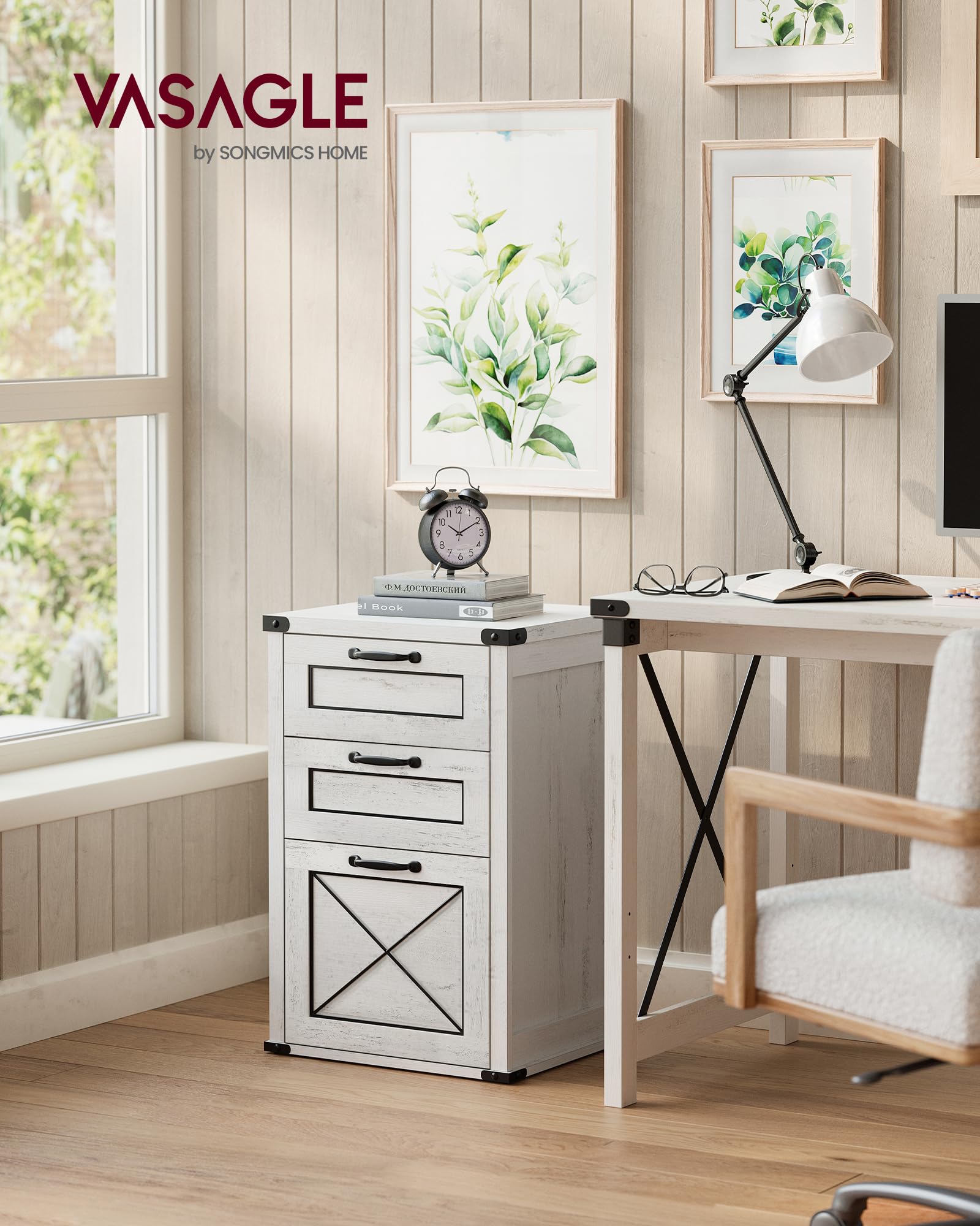 VASAGLE 3-Drawer File Cabinet with Printer Stand - A4 & Letter Size Hanging File Folders - Modern Farmhouse Style Rustic White for Home Office Organization - Perfect for Document Storage and Workspace Setup