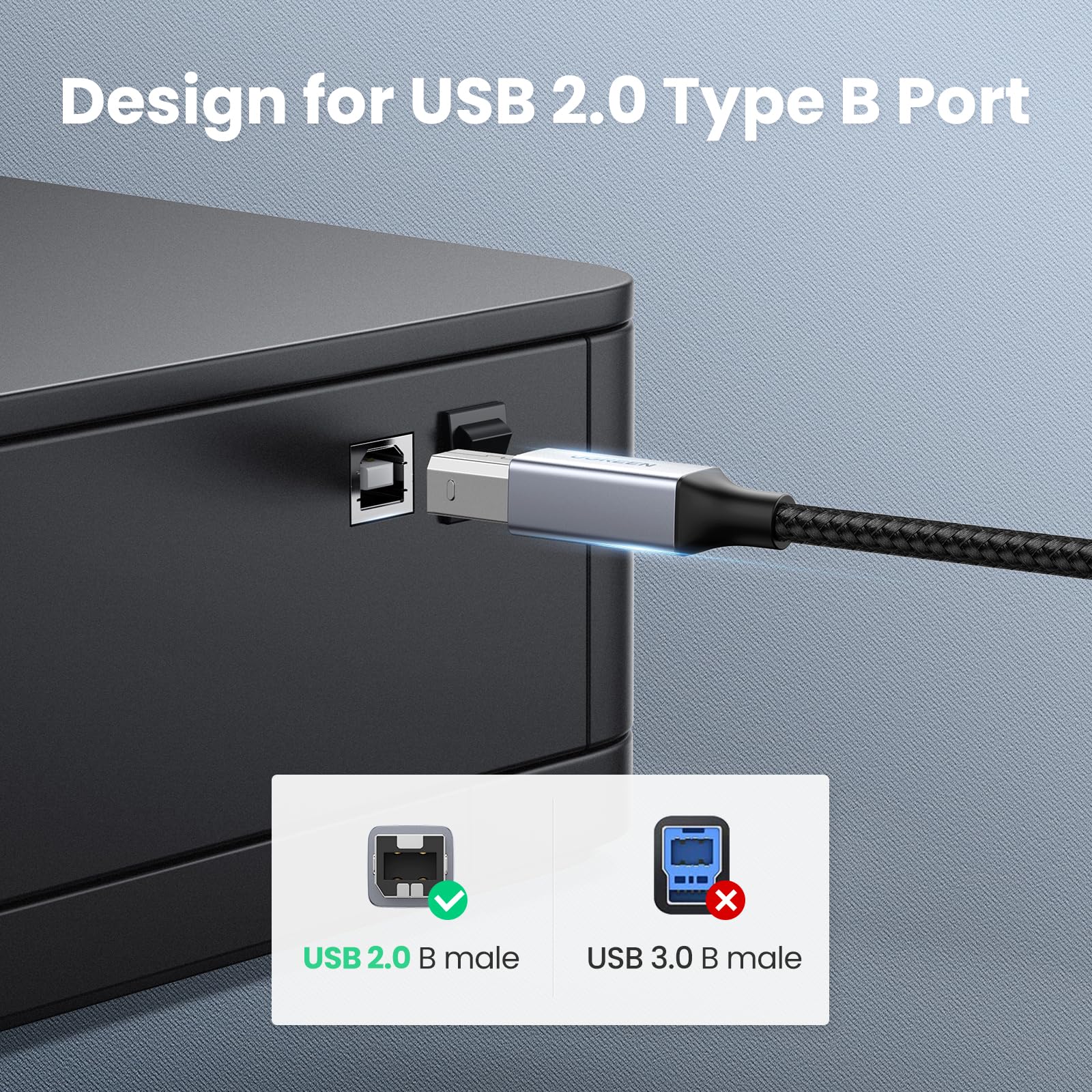 UGREEN USB B to USB C Printer Cable 5M - High-Speed USB 2.0 Braided Data Cable for HP/Epson/Canon Printers & Scanners - Compatible with MacBook Pro, iMac, XPS, Acer, ASUS Laptops - Perfect for Home Office & Printing Setup