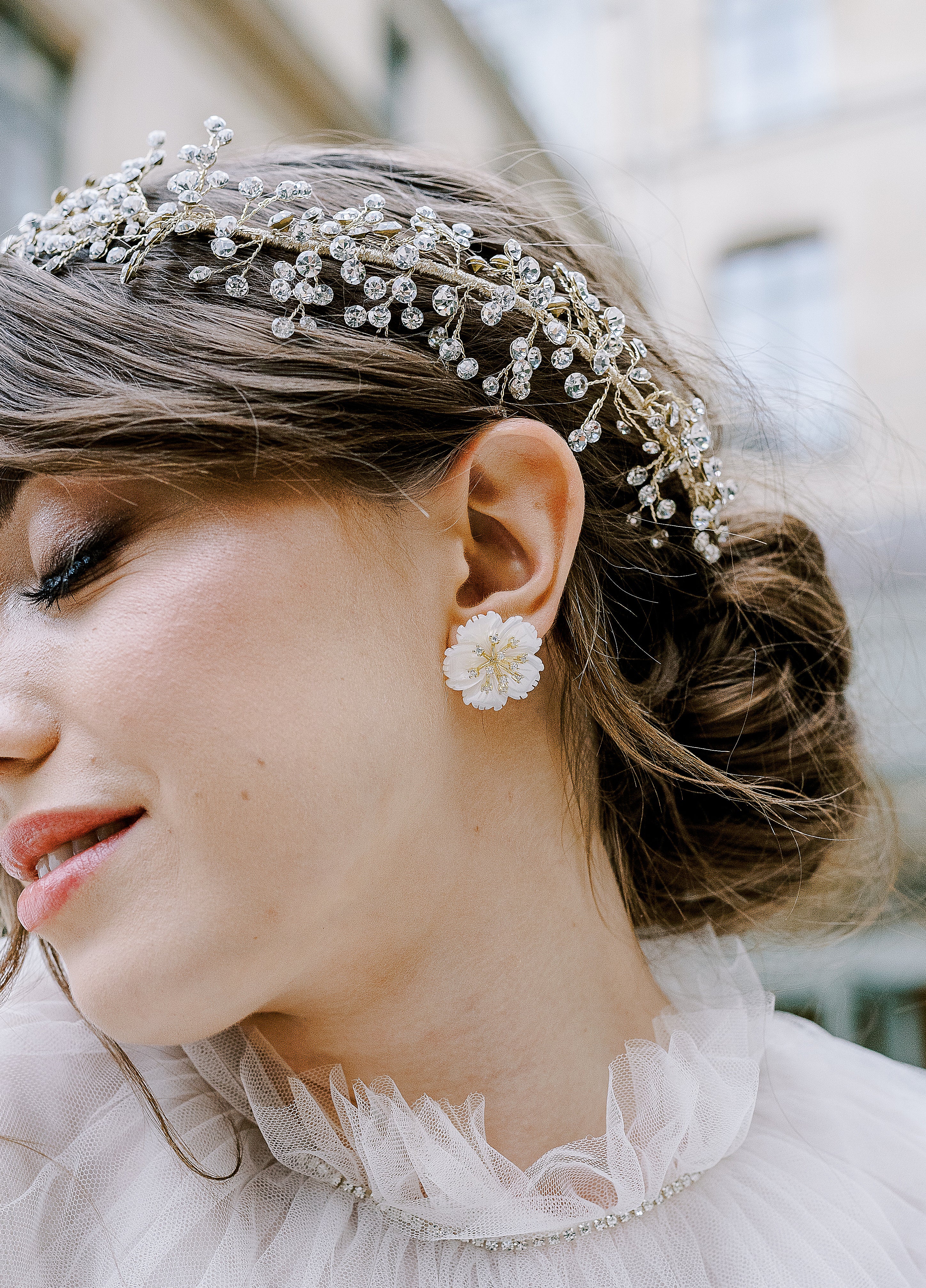 CHARLOTTE Mother of Pearl & Simulated Diamond Floral Wedding Earrings for Bride - Perfect for Bridal Showers, Weddings and Special Occasions