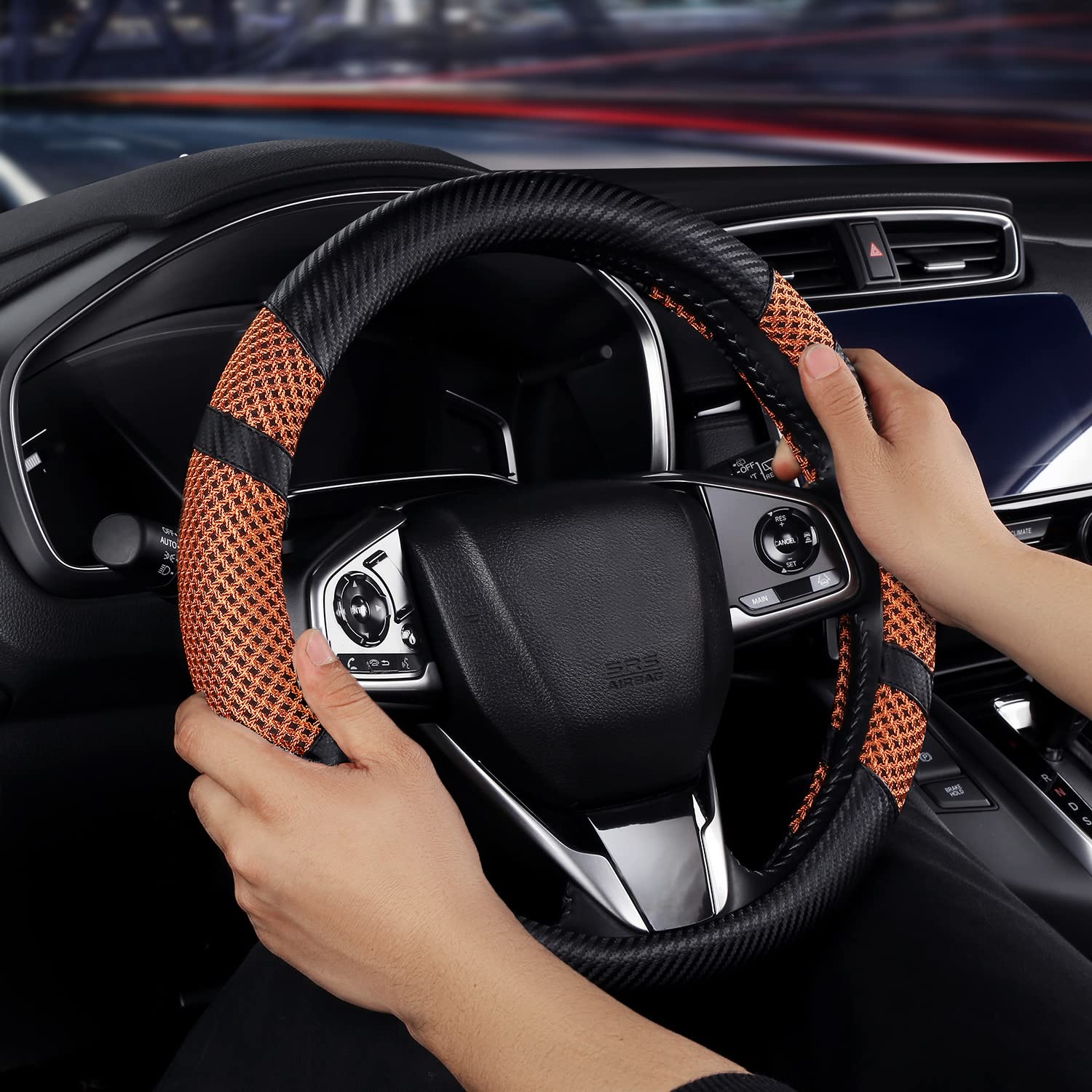 BOKIN Carbon Fiber Steering Wheel Cover - Universal 14.5-15 Inch Car Steering Wheel Protector | Microfiber Leather with Breathable Ice Silk Technology | Keeps Cool in Summer & Warm in Winter | Carbon Fiber Orange Design | Perfect for Daily Commuting, Road Trips & Performance Driving