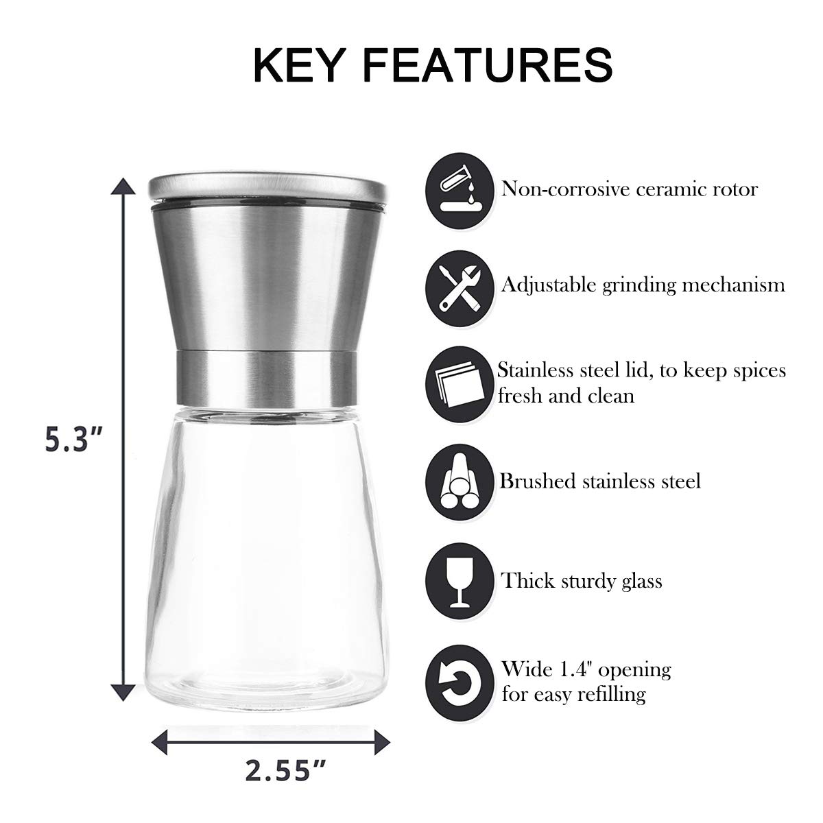 Premium Stainless Steel Manual Salt and Pepper Grinder Set - Adjustable Ceramic Spice Mill with Refillable 6oz Glass Body - Ideal for Kitchen, Camping & Gourmet Cooking