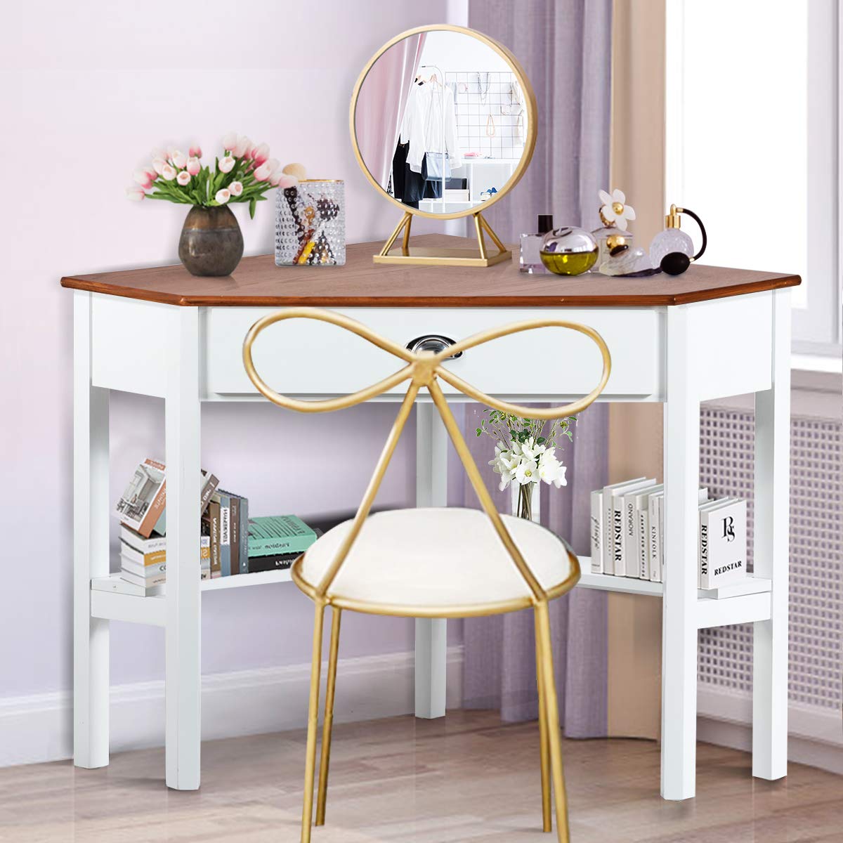 Modern Wooden Corner Desk with Drawers & Shelves - Space-Saving Triangle Computer Desk, Writing Table with Storage for Home Office, Bedroom, Small Spaces (Natural & White) - Perfect for Work, Study & Makeup Vanity