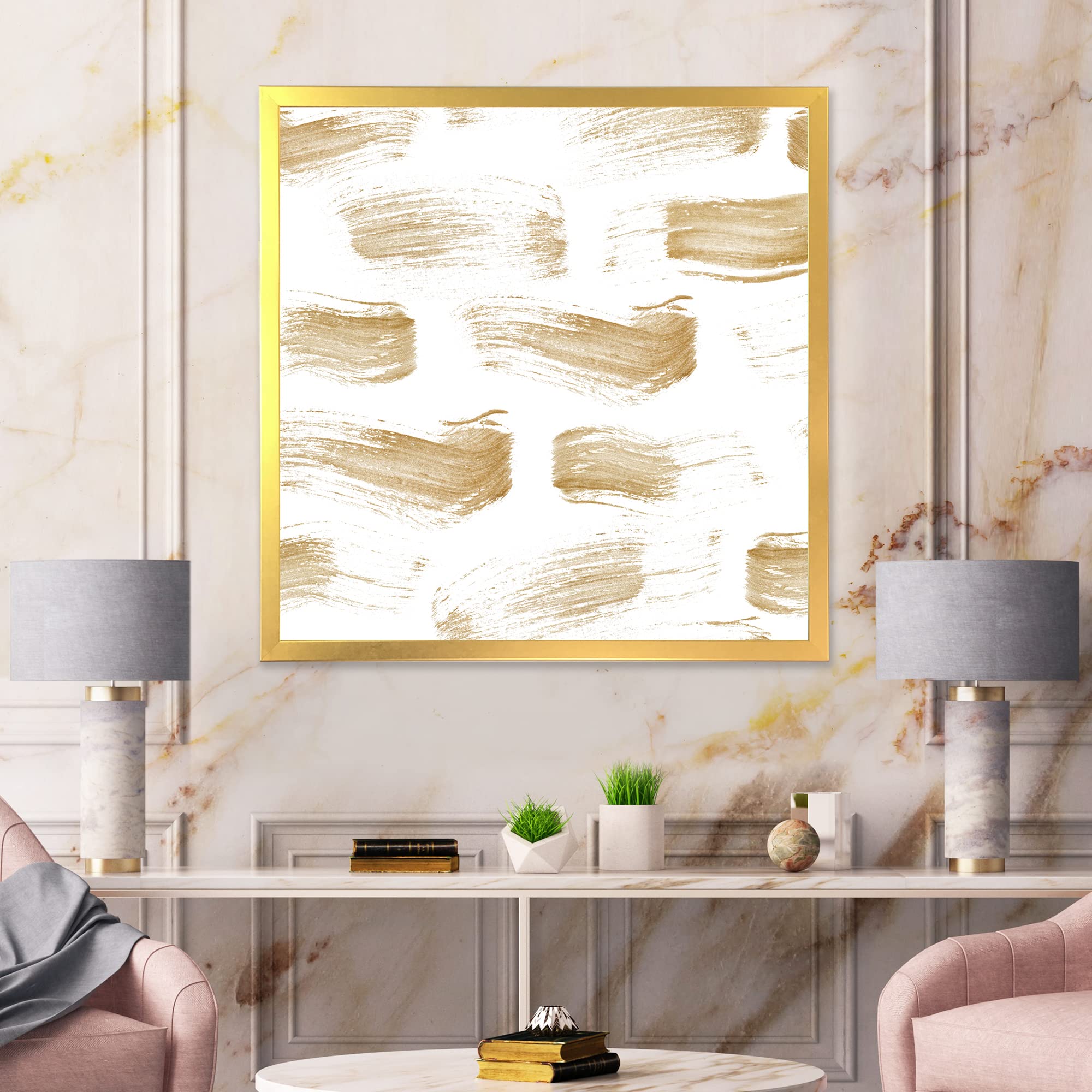 DesignQ Golden Abstract Strokes Modern Framed Wall Art - Contemporary Home Decor for Living Room, Bedroom & Office - Premium Canvas Painting for Stylish Interior Design