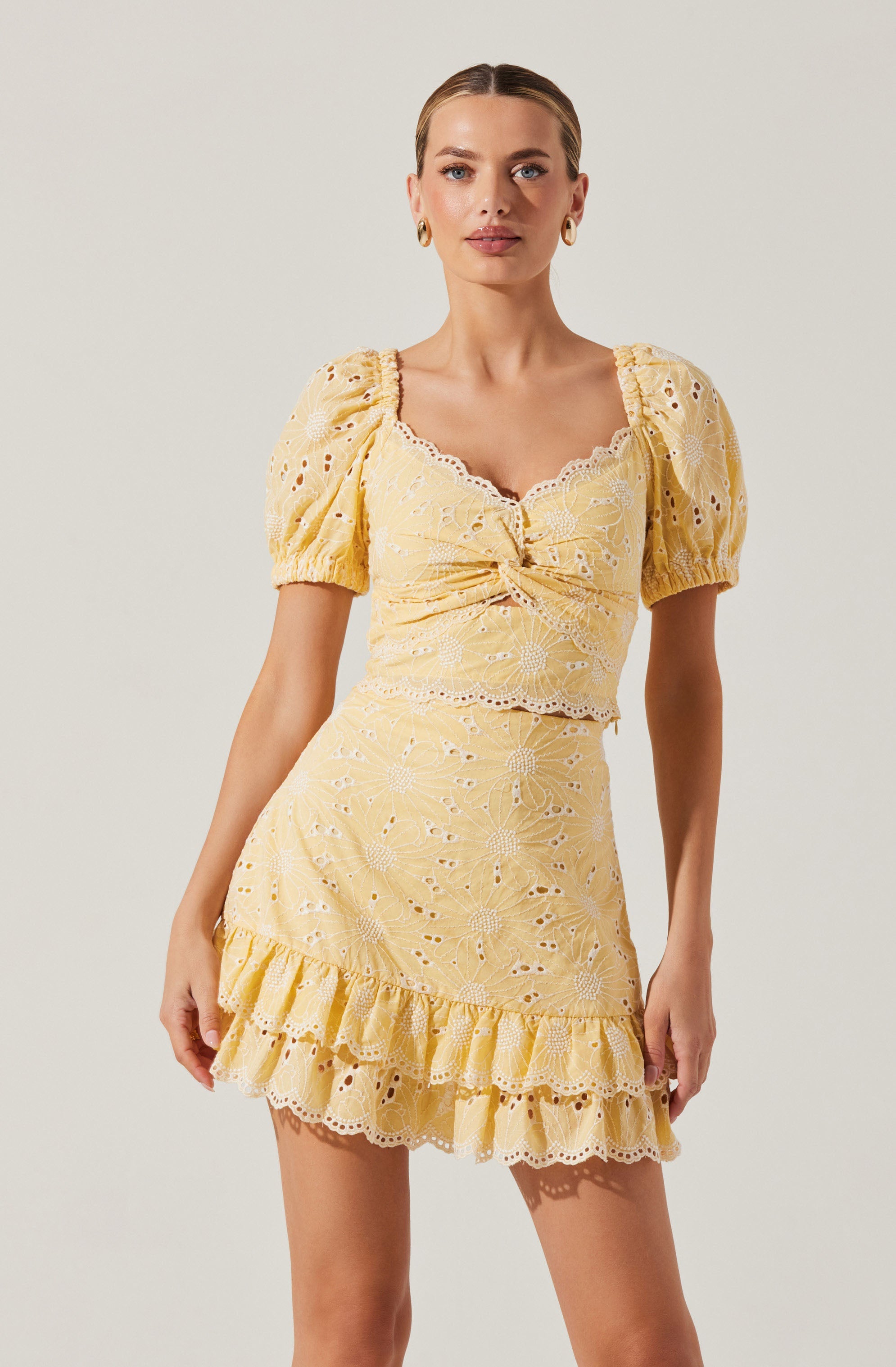 Evelin Eyelet Ruffle Mini Skirt for Women - Floral Lace Summer Skirt with Elastic Waist | Perfect for Beach, Party, and Casual Outfits