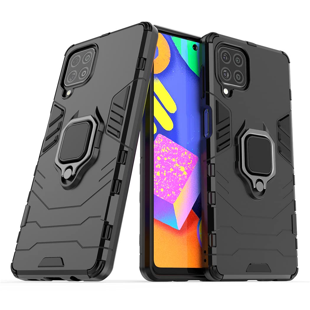Samsung Galaxy F62 Case with Metal Ring & Kickstand - Shockproof Hard Bumper, Magnetic Car Mount Compatible, Dual Layer Rugged Cover (Black) - Perfect for Outdoor Activities, Travel & Daily Protection