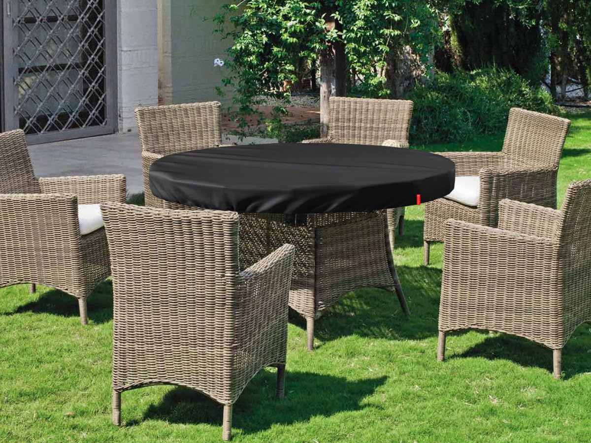 Waterproof & UV-Resistant Round Outdoor Table Cover - Fits 48 Inch Patio Furniture, Durable All-Weather Protection for Garden, Deck, Poolside (Black)