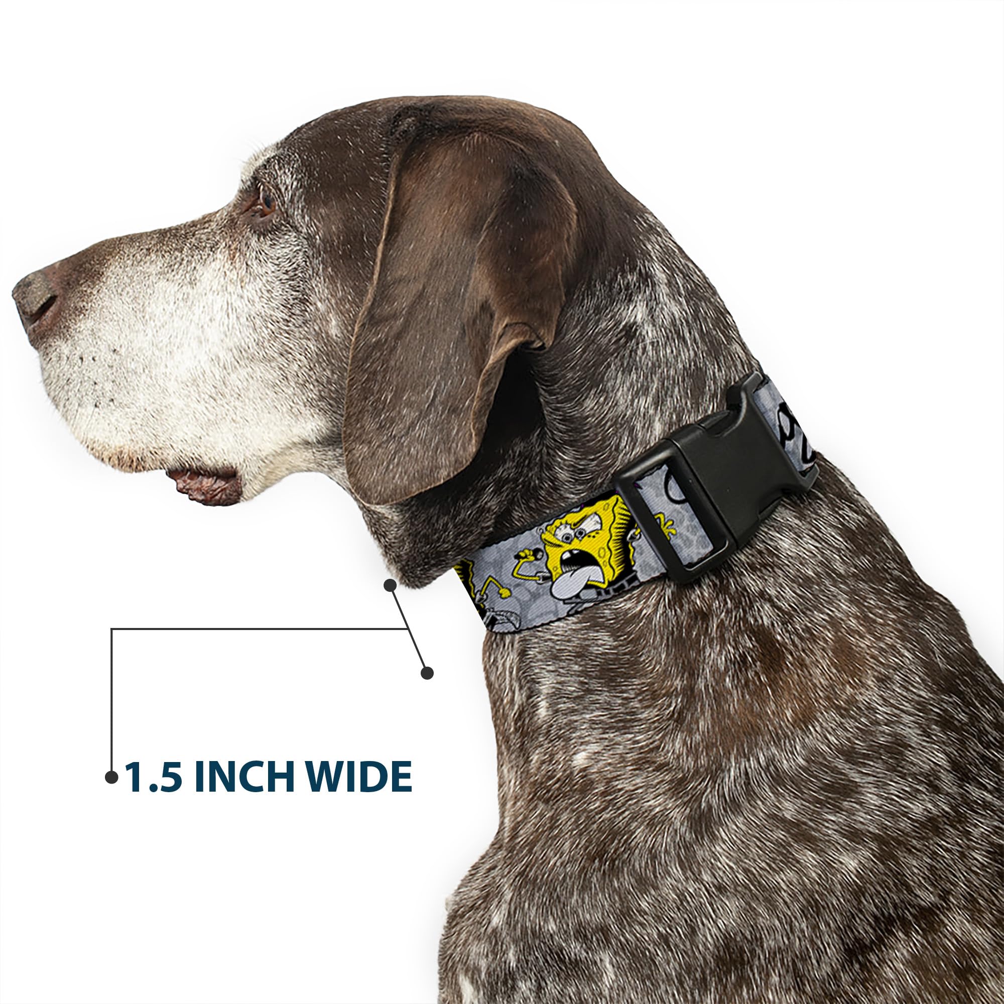 SpongeBob SquarePants Dog Collar with Plastic Clip - Adjustable 9-15 Inches, 0.5 Inch Wide - Gray & Black Design for Small to Medium Dogs - Perfect for Pet Costumes, Themed Parties, and SpongeBob Fans