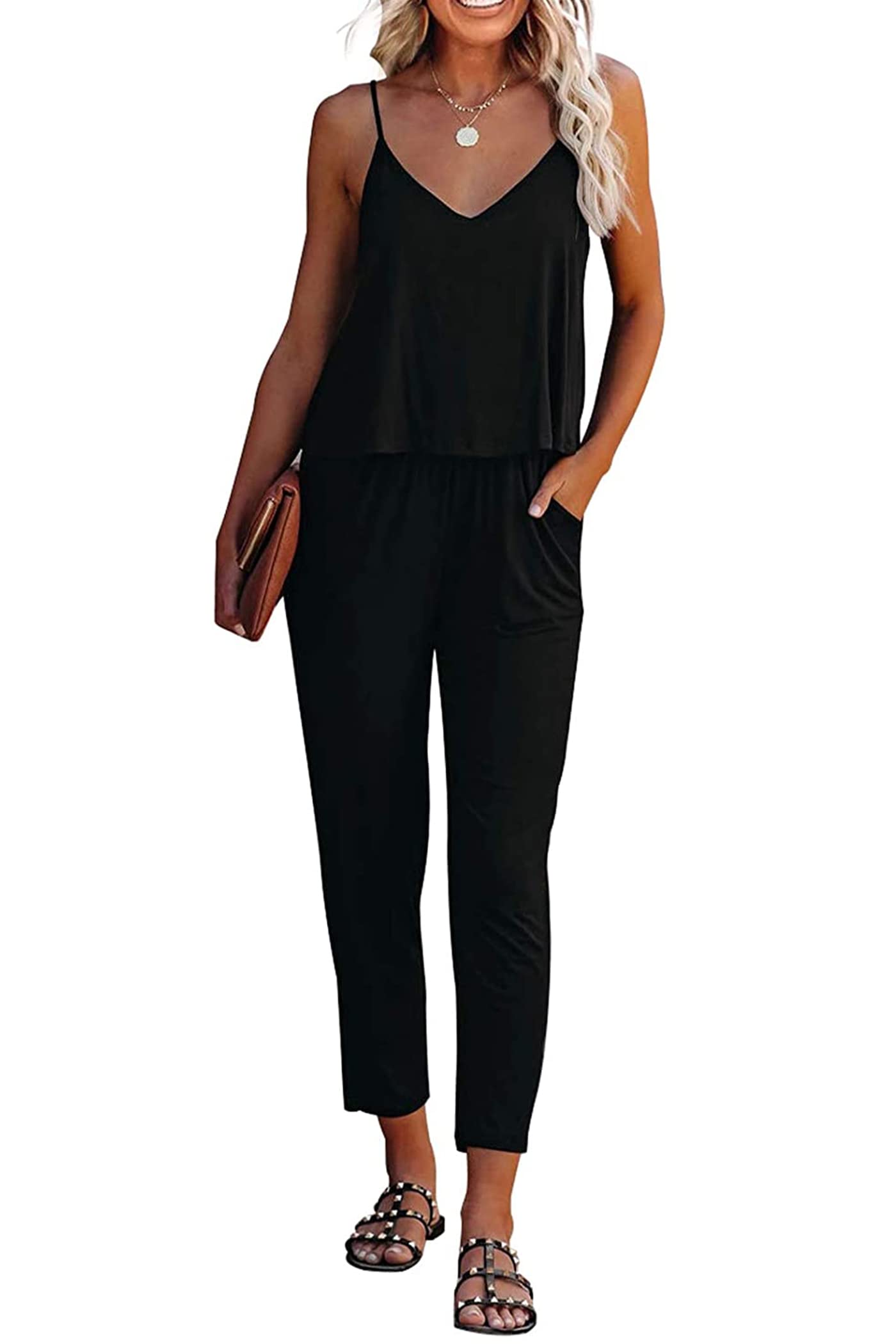 PRETTYGARDEN Women's Sleeveless Wrap V-Neck Jumpsuit - Summer Casual Romper with Pockets | One Piece Pants Outfit for Beach, Vacation & Everyday Wear