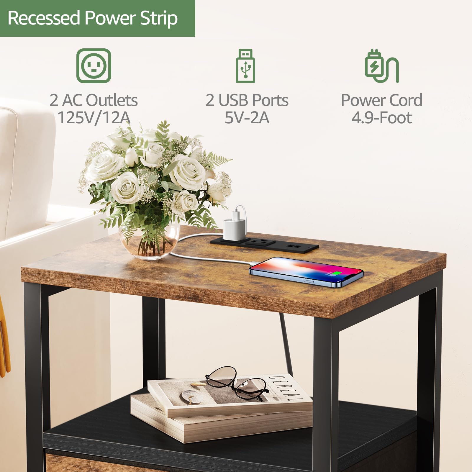 Modern Brown Nightstand Set of 2 with USB Charging Station & Drawer - Bedroom End Tables for Dorm, Apartment & Guest Room - Sturdy Bedside Tables with Storage Space