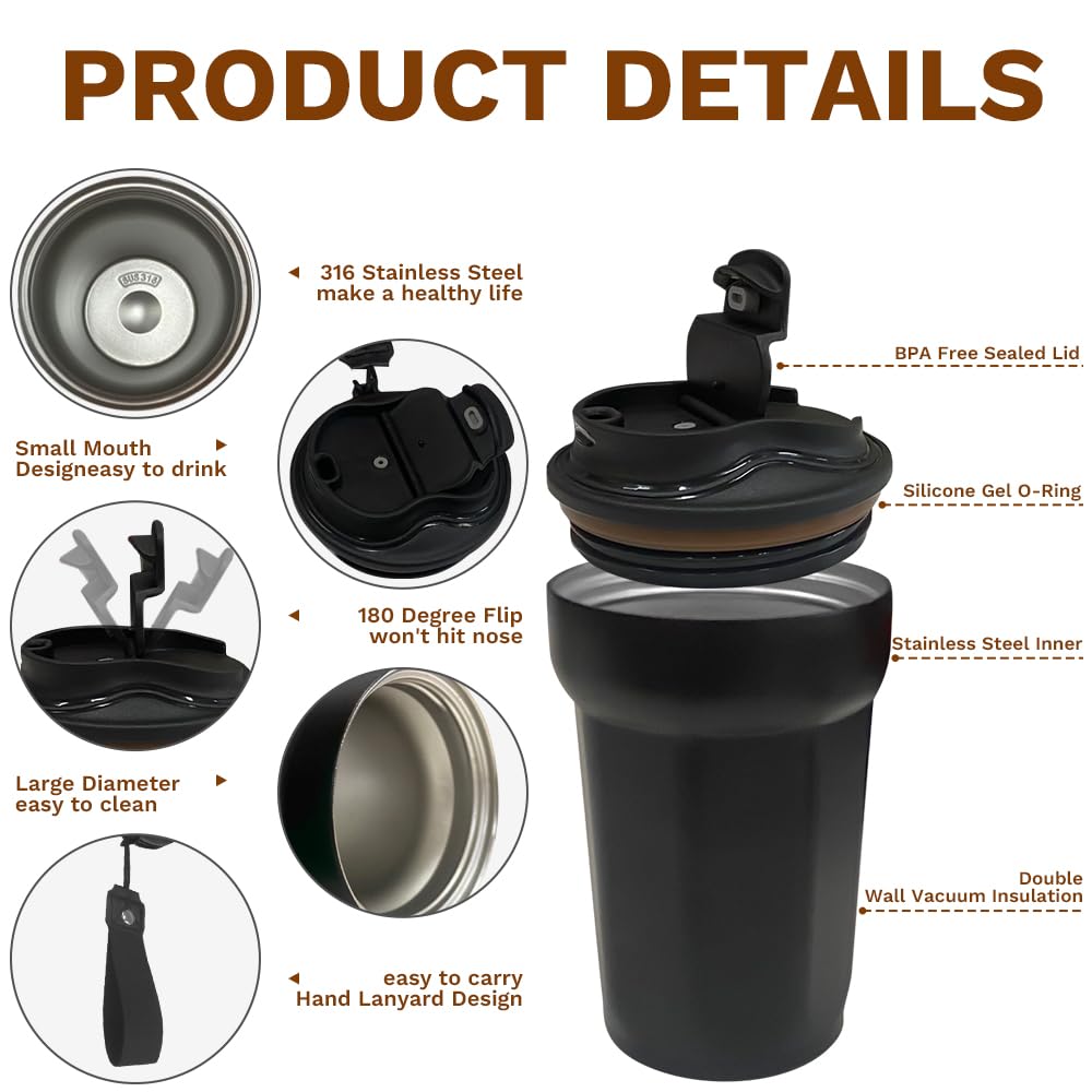 **Spill-Proof 15 oz Insulated Coffee Travel Mug with Lid - Leak-Proof Reusable Thermos for Hot & Cold Drinks - Perfect for Commuting, Office, Hiking & Travel - Black**
