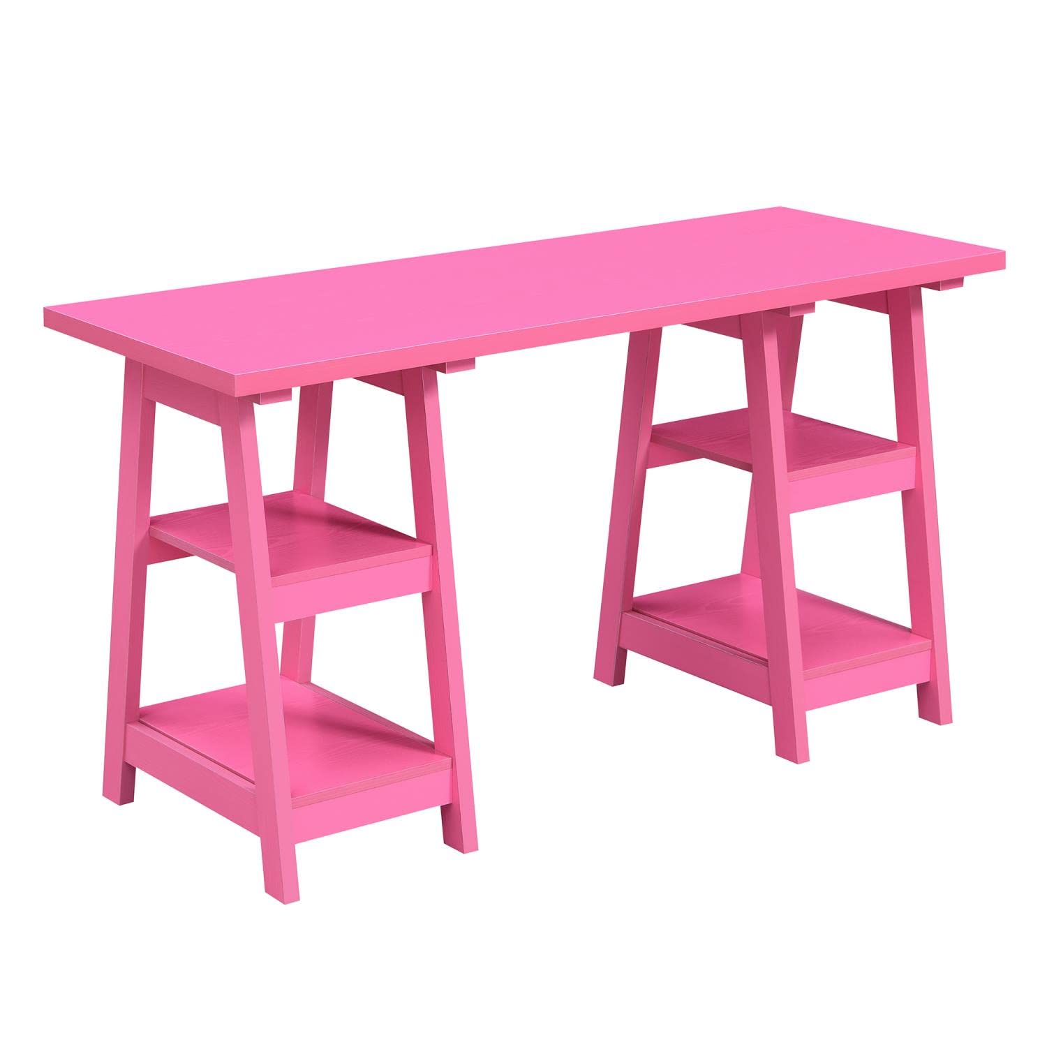 Convenience Concepts Designs2Go Double Trestle Desk with Shelves - Pink Writing Desk with Storage for Home Office, Study Room & Small Spaces - Perfect for Remote Work, Online Classes & Crafting