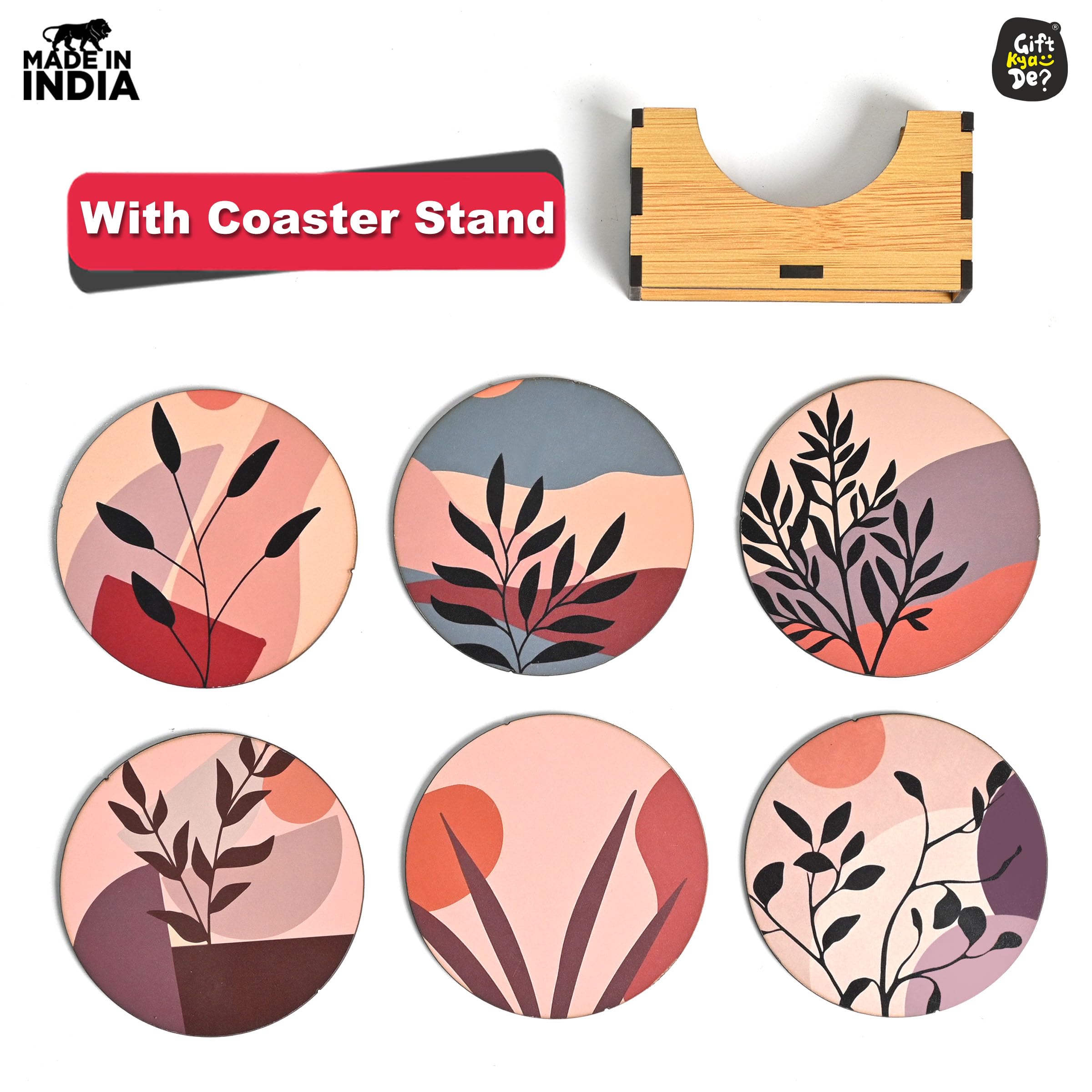 GKD Set of 6 Modern Art Wooden Coasters - 3.8 x 3.8 Inch Eco-Friendly Drink Coasters for Coffee, Tea & Glasses - Perfect for Home, Office & Restaurant Use