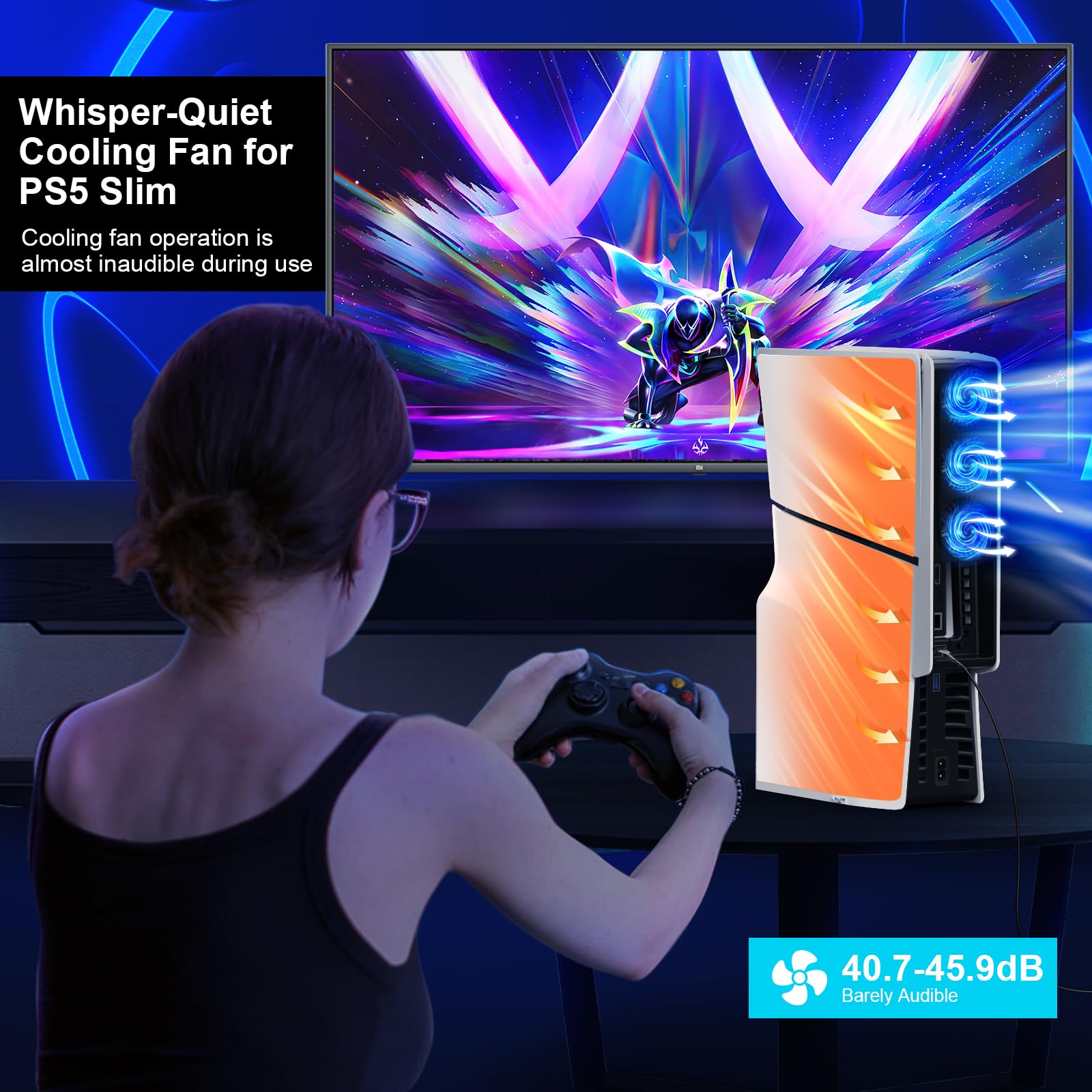 PS5 Slim Cooling Fan with Auto ON/OFF, 2-Speed Quiet Cooling, LED Light & USB Port - Compatible with PS5 Slim Digital & Disc Edition (Not for PS5) - Perfect for Gaming Sessions & Overheating Prevention