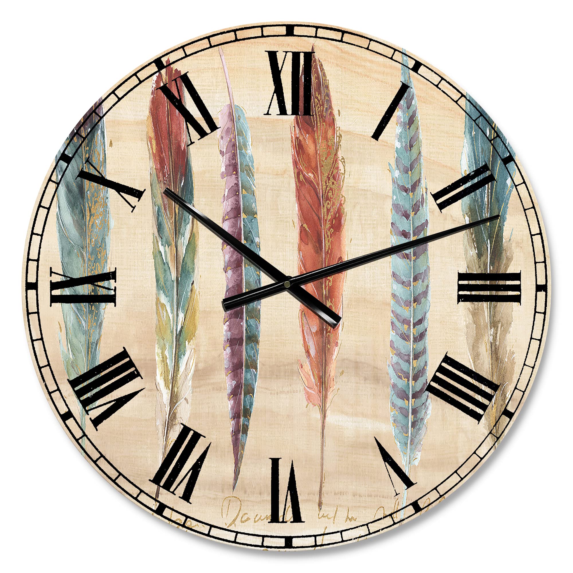 Bohemian Feathers Cottage Family Large Wall Clock - Unique Eclectic Home Decor for Bedroom, Living Room & Office | Perfect Vintage Farmhouse Style Clock for Wall Decor