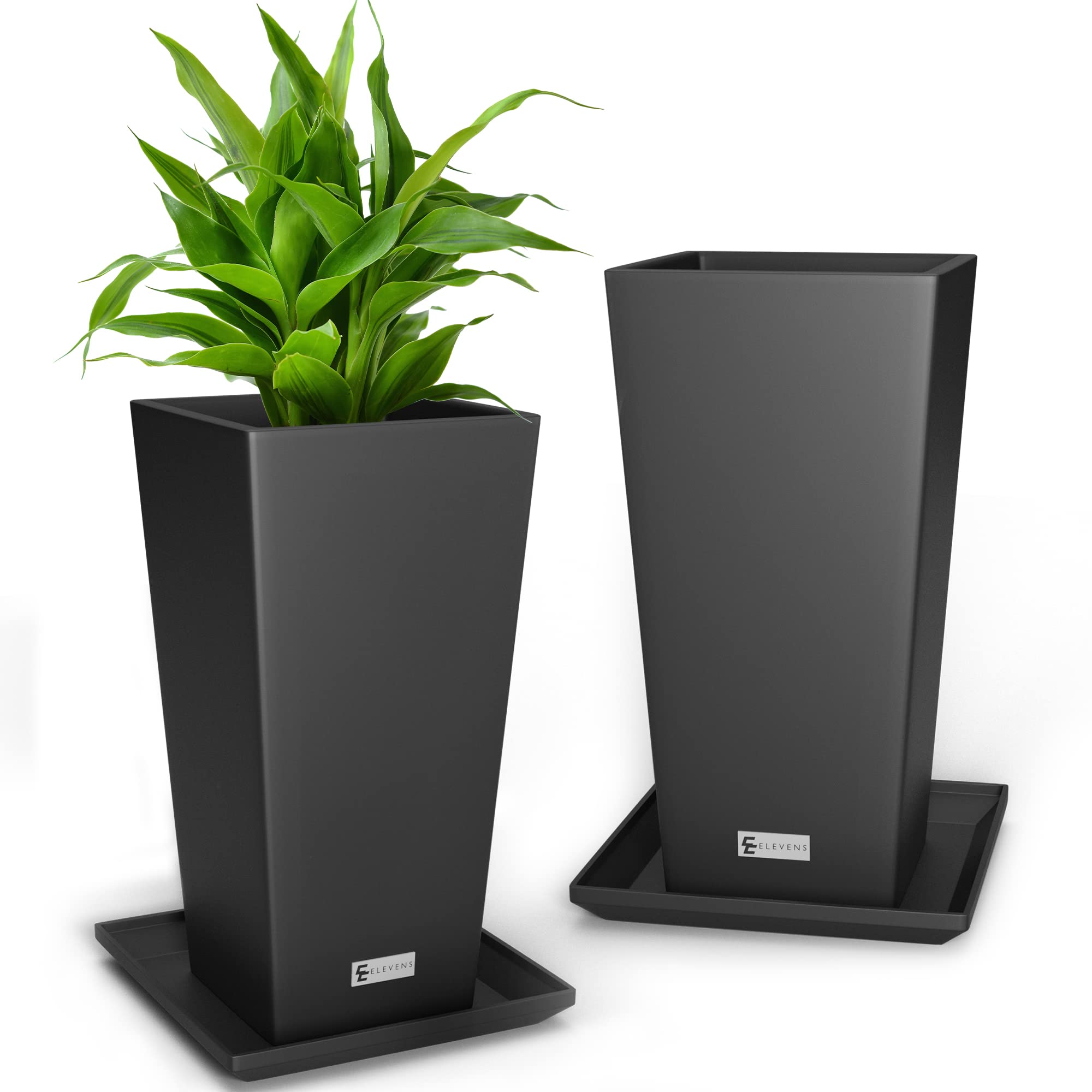 Elevens 30 Inch Tall Tapered Square Planters - 2 Pack Large Black Garden Flower Pots with Tray for Indoor Outdoor Use, Perfect for Patio, Deck, Balcony & Home Decor