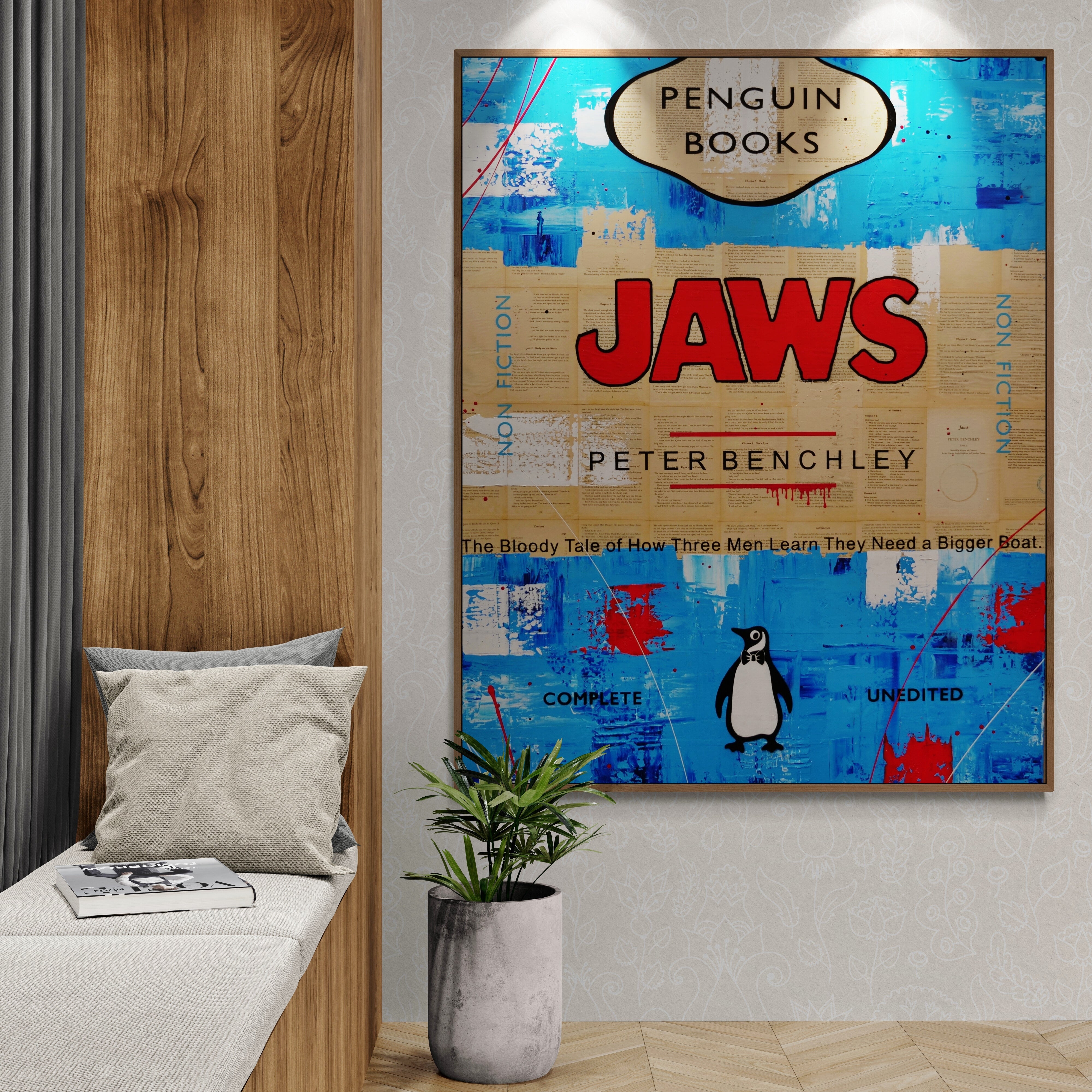 Jaws 140cm x 100cm Urban Pop Art Book Club Wall Painting - Perfect for Movie Themed Decor, Home Theater, or Office Wall Art