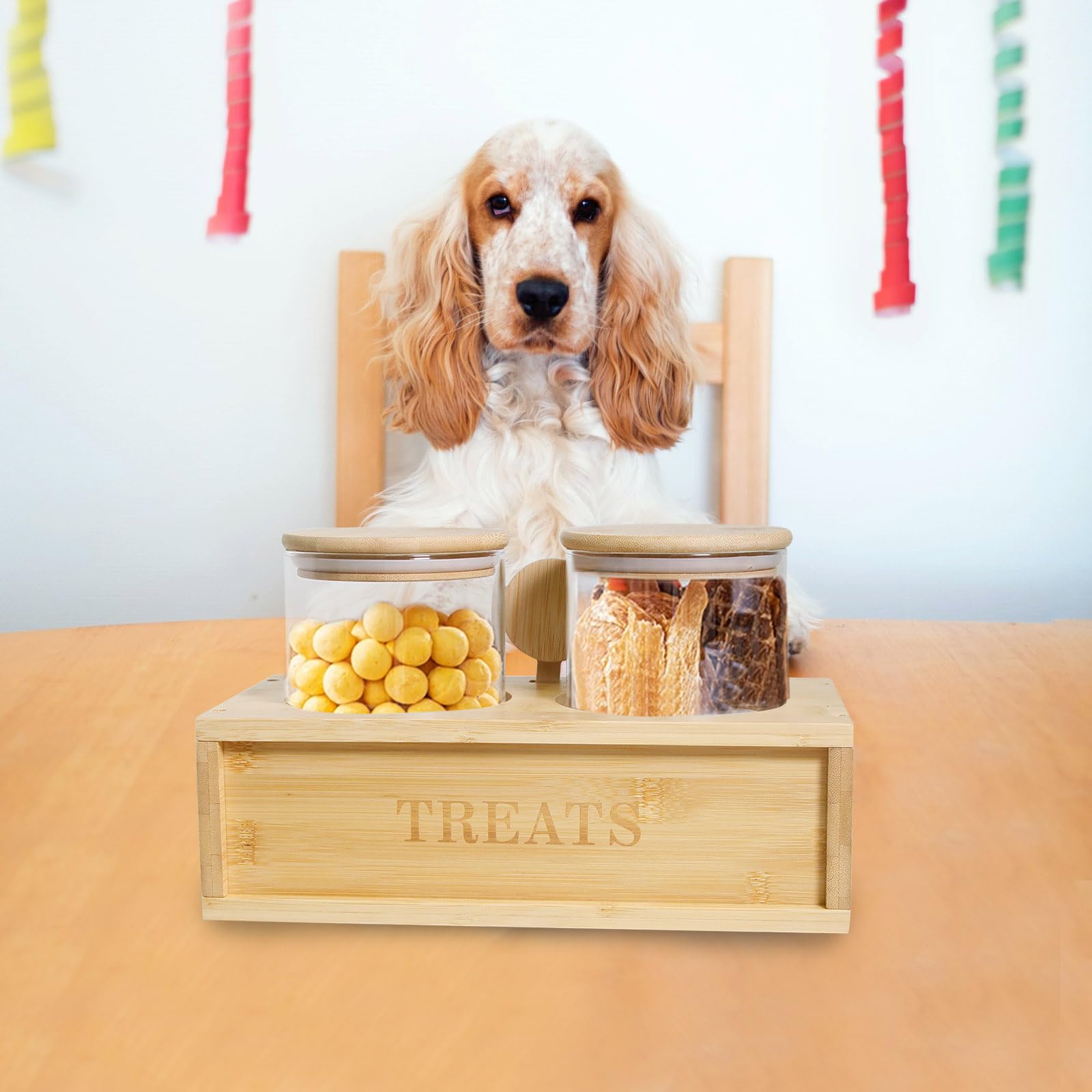 2-Pack 37oz Airtight Pet Treat Storage Containers with Wooden Holder - Dog & Cat Food Jars with Scoop - Perfect for Kitchen Counter, Pantry Organization, and Fresh Treat Preservation